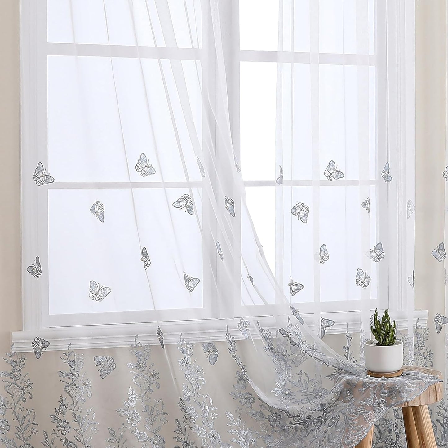 VISIONTEX White Sheer Voile Curtains, Decorative Blue Embossed Butterflies Rod Pocket Window Drapes for Home Kitchen, Living Room and Bedroom 54 x 95 Inch, Set of 2 Curtain Panels