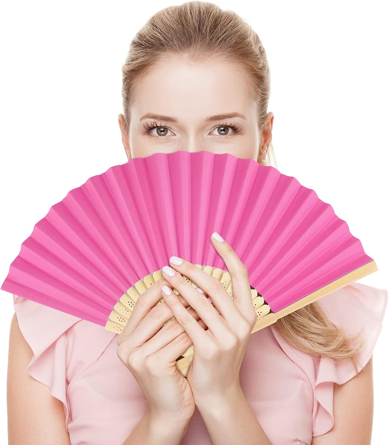 FEPITO 20 Pcs Handheld Paper Fan Paper Folding Fans with Bamboos for Wedding Gift, Party, Home, Multicolor