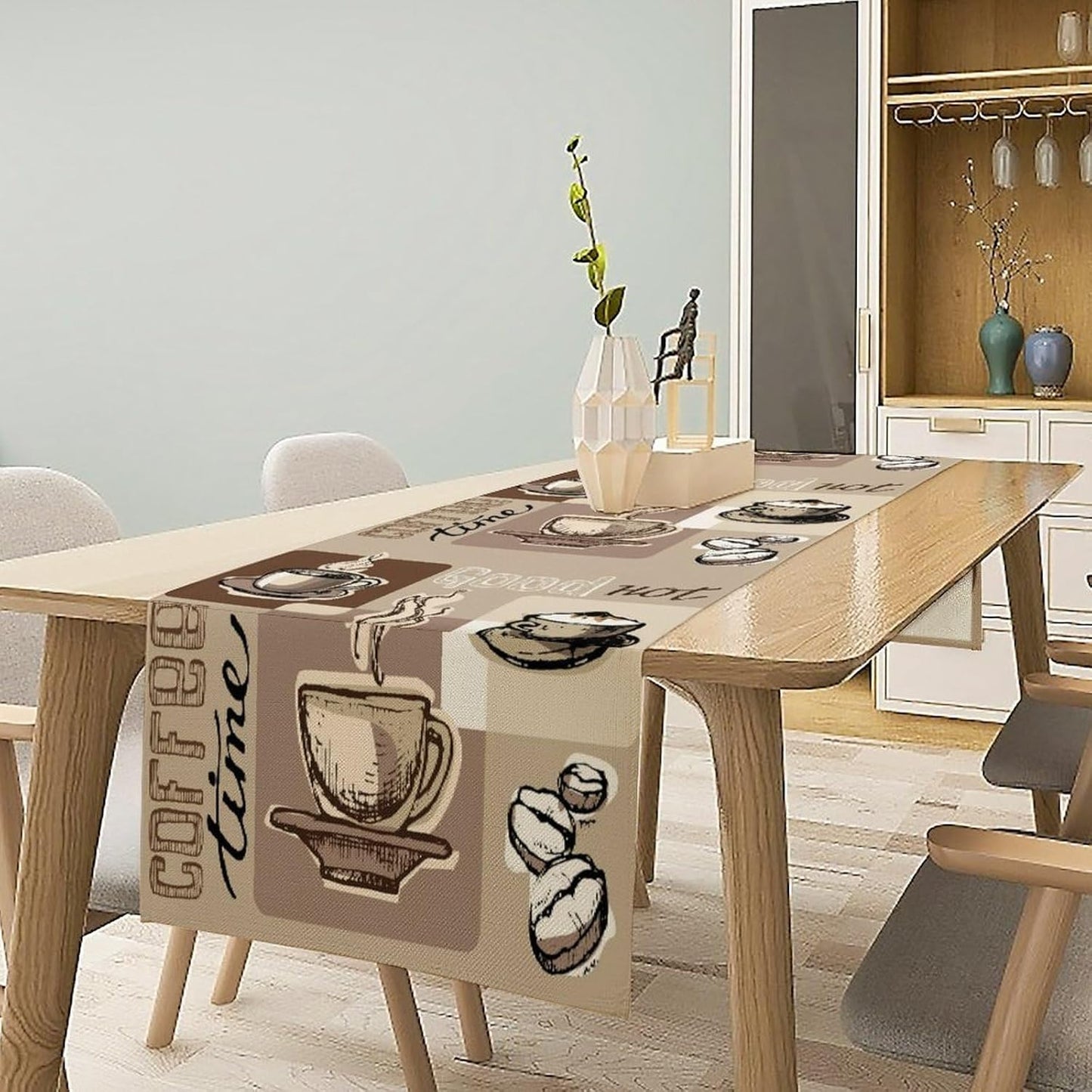 Coffee Table Runner,Vintage Style Coffee Cup Bean Abstract Theme Pattern Print Tablecloth Burlap for Hotel Indoors Outdoor Dining Room Kitchen Table Decor, 13x36in