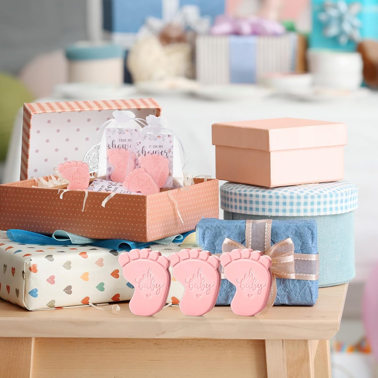 50 Sets Baby Shower Soap Favors for Guests - Mini Handmade Footprint Scented Soap with Thank You Cards and Organza Bag, Party Gifts for Gender Reveal Baptism Shower(Pink)
