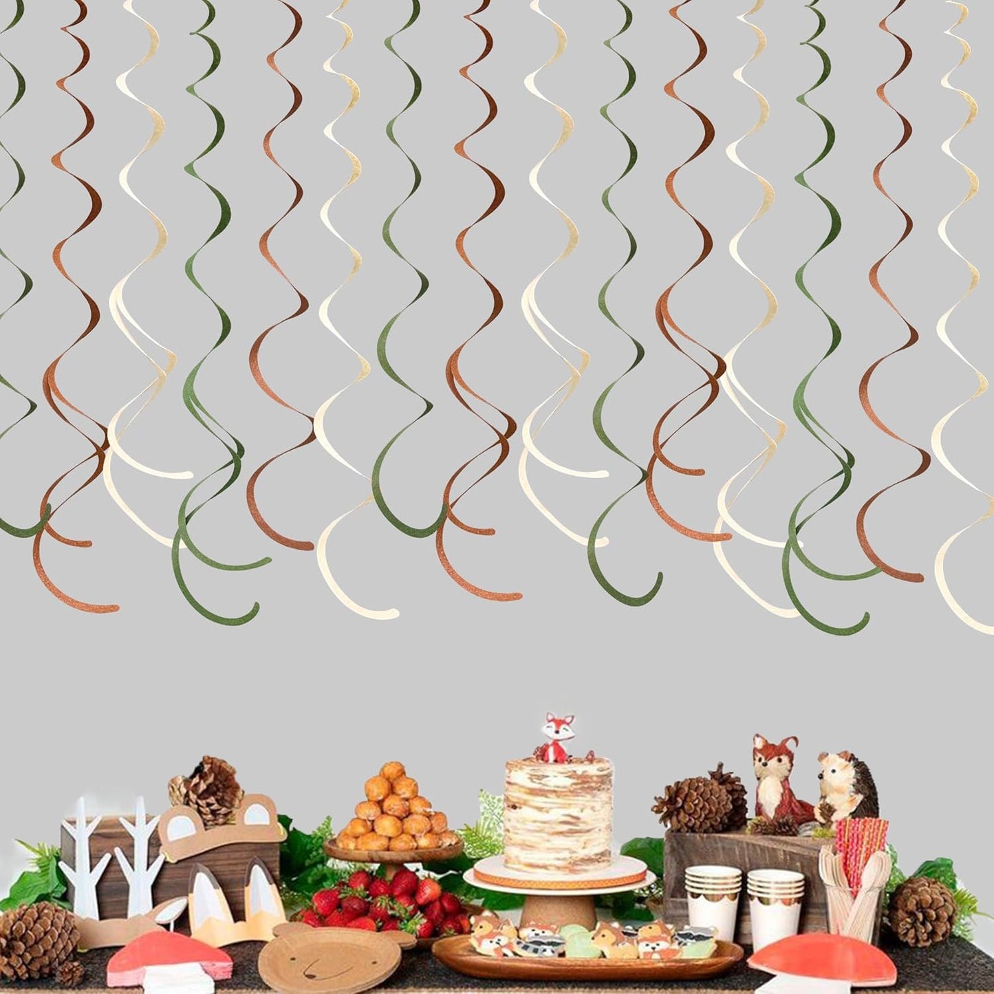 36 Pcs Jungle Hanging Swirl Decorations Sage Green Brown Beige Felt Swirl Streamer Spiral Ceiling Garland for Safari Jungle Woodland Wild One Birthday Neutral Baby Shower Party Decorations Supplies