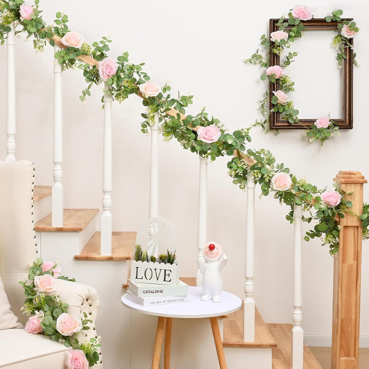 Dolicer 2Pcs 13Ft Artificial Eucalyptus Garlands with Flowers - 8 Roses, Faux Floral Greenery Garlands Fake Flowers Vines for Wedding Table Centerpieces Arch Party Ceremony Backdrop Decor (Pink)