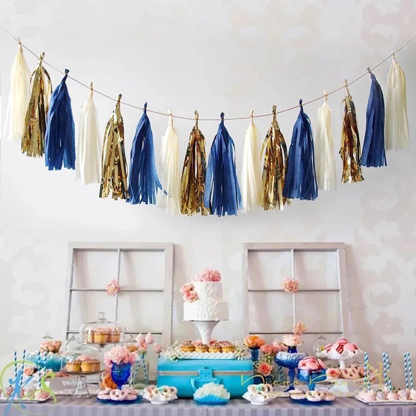 GAKA Navy Blue and Light Blue Tissue Paper Tassel(3 Colors),Paper Tassel Garland Banner for Party Decor Supplies,15 PC