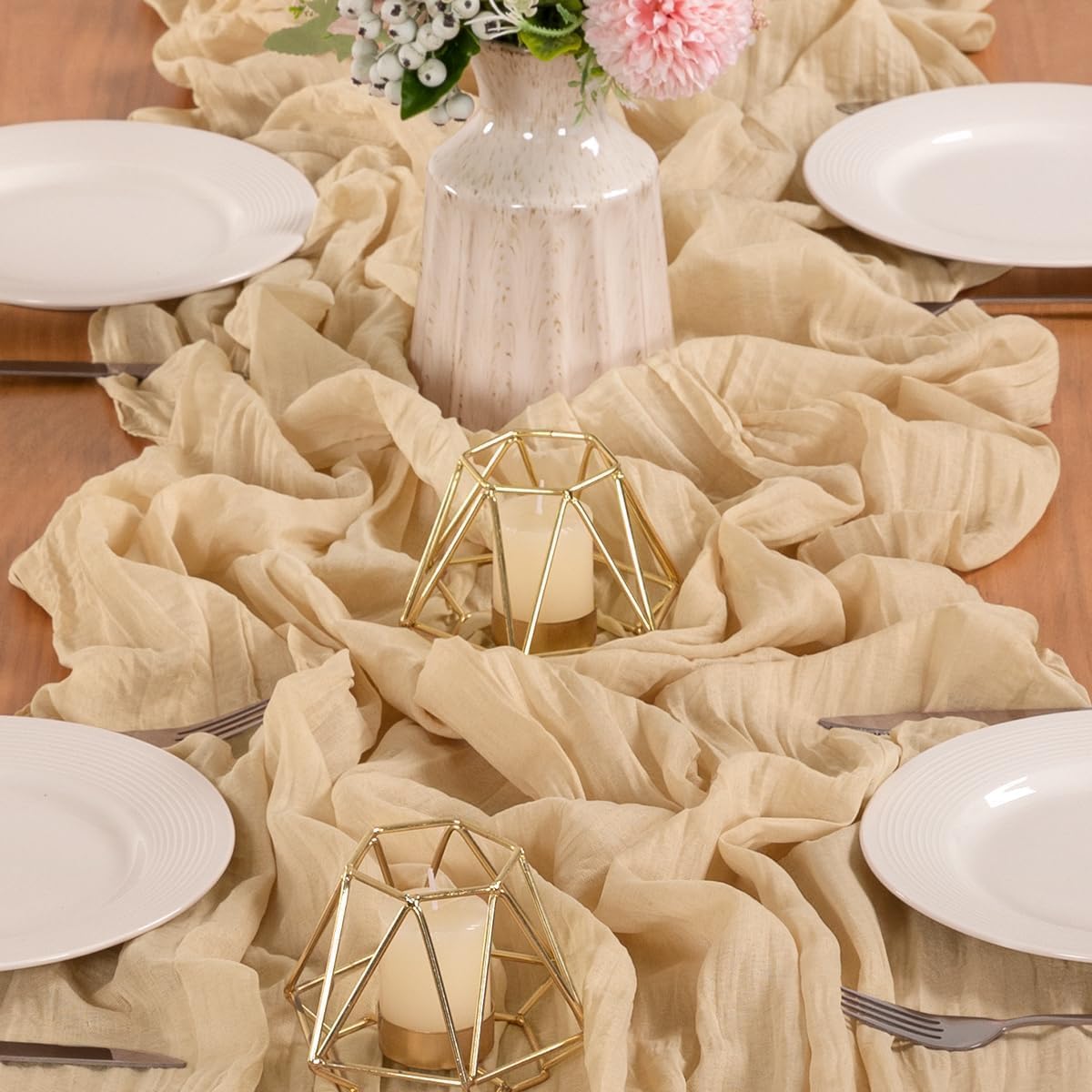 MLMW 4 Pack Champagne Gold Table Runner Cheesecloth Boho Gauze Rustic Cheese Cloth 160 inch Sheer Wedding Table Runner 13.3ft for Thanksgiving Party Baby Bridal Shower Birthday