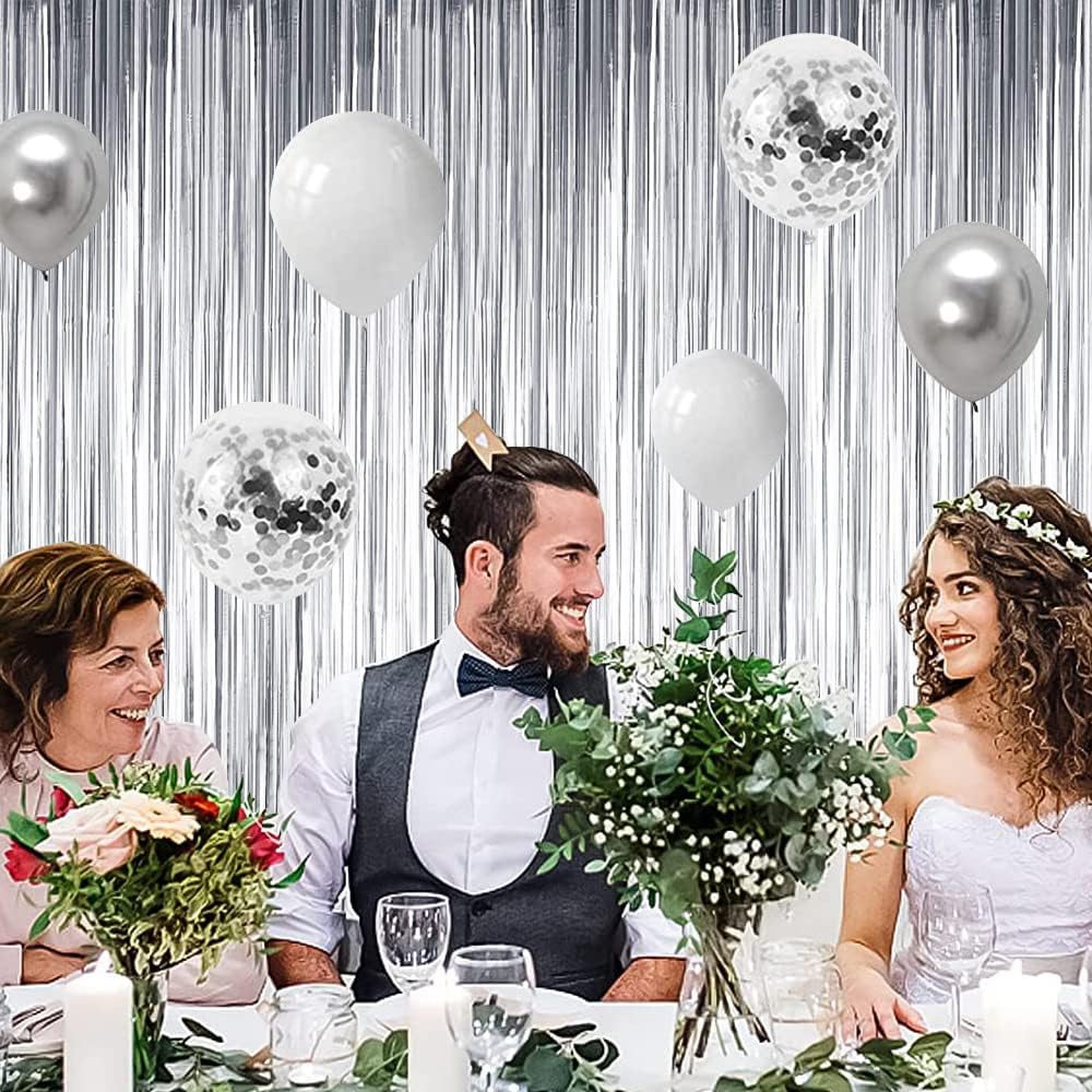 BEISHIDA 2 Pcs Silver Door Streamers Tinsel Curtain Party Streamers Backdrop Fringe Foil Wall Background for Birthday Halloween Christmas Wedding Party Decoration(3.28 ft x 6.56 ft)