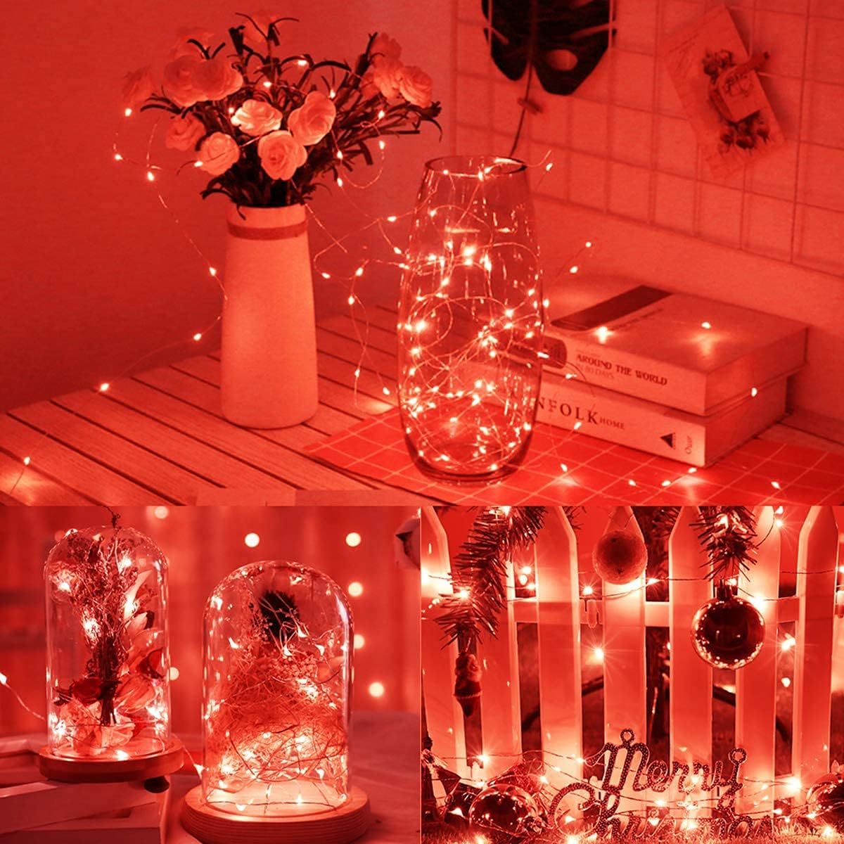 16 Pack 30 Led Fairy Lights Battery Operated String 10 Feet Waterproof Twinkle Mason Jar Silver Wire Firefly for Christmas Red