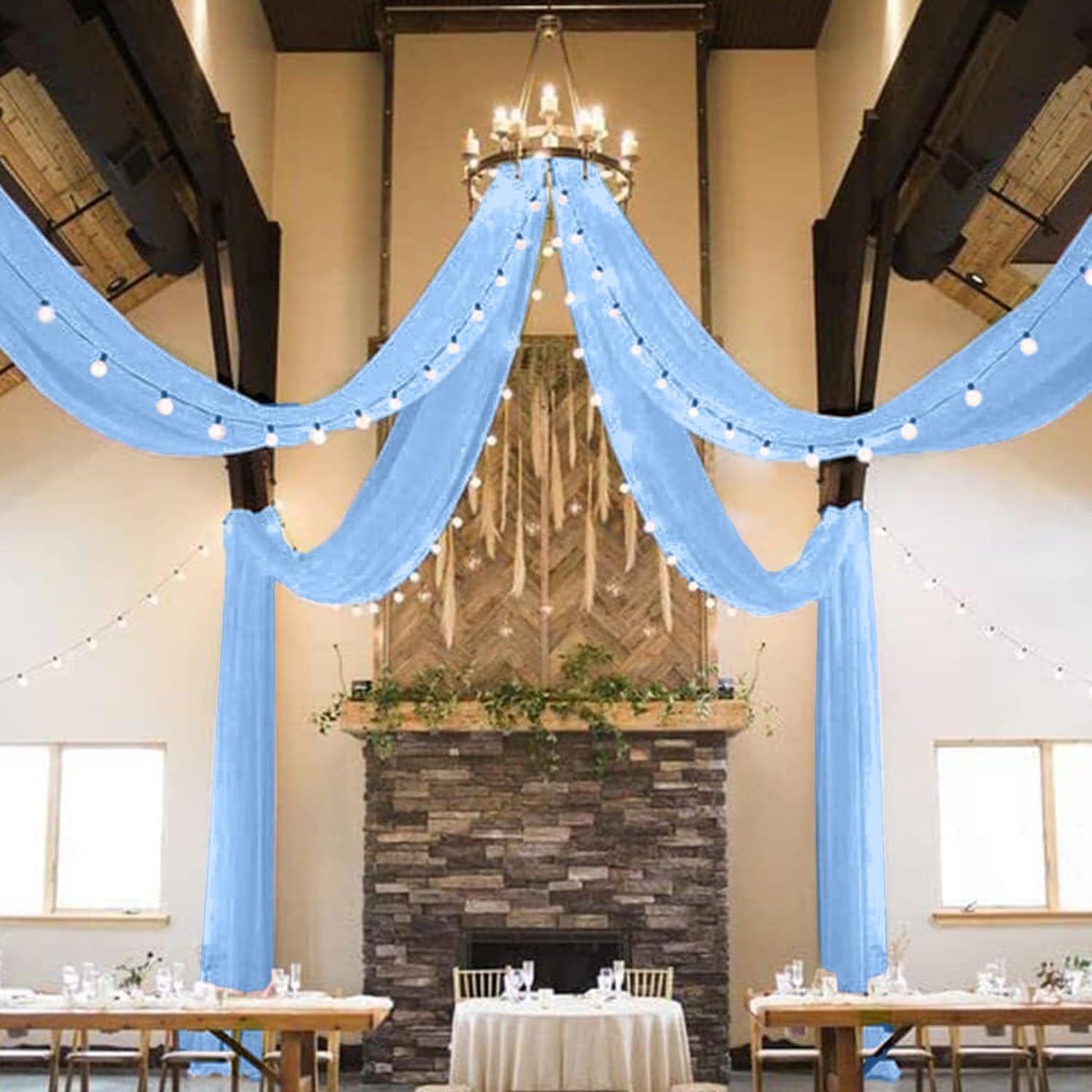 MODFUNS Light Blue Ceiling Drape 5x20ft 4 Panels Chiffon Ceiling Draping Fabric Sheer Wedding Arch Drapery Stage Canopy Ceiling Drapes Chiffon Curtain Drapes for Arbor Swag Tent Party Decoration