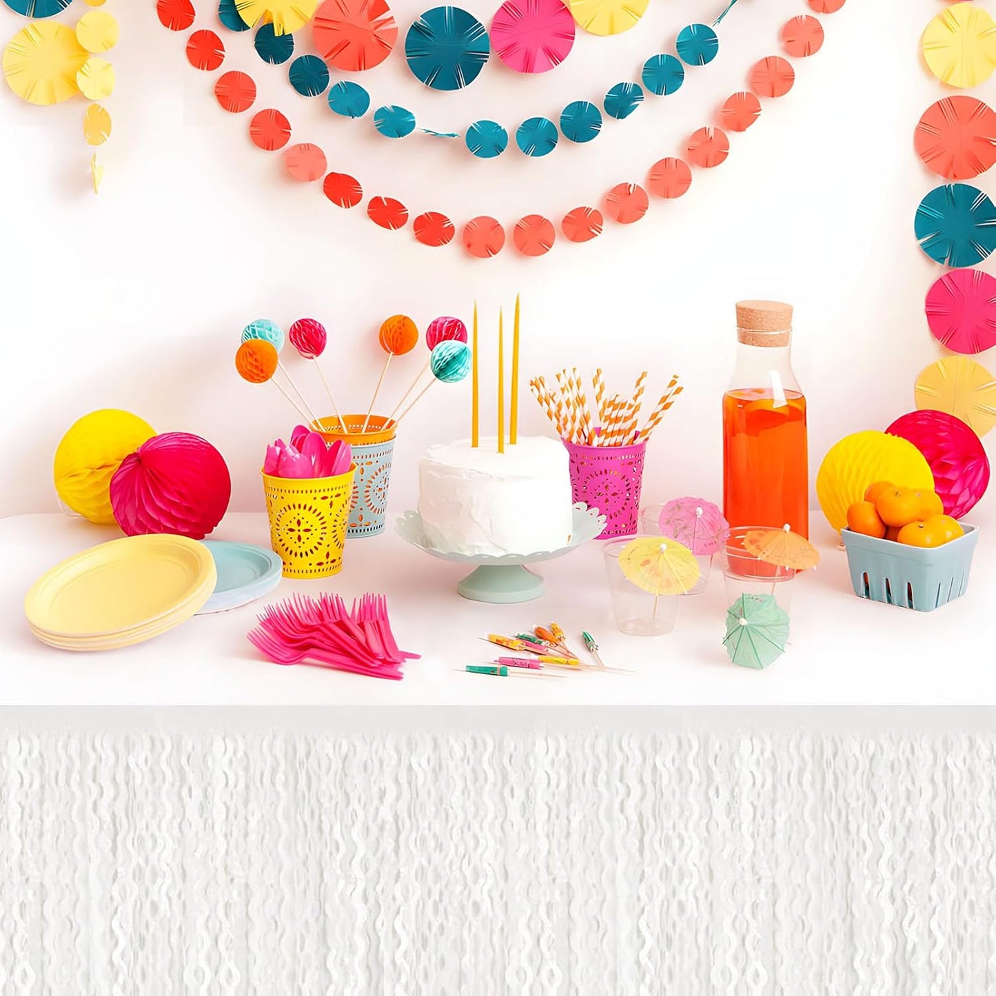 6 Pack 29 x108 Inch Macaron White Wave Foil Fringe Table Skirts Metallic Banner for Tinsel Streamer Garland Backdrop for Parade Floats, Mother's Day, Easter, Wedding, Birthday Party Decoration