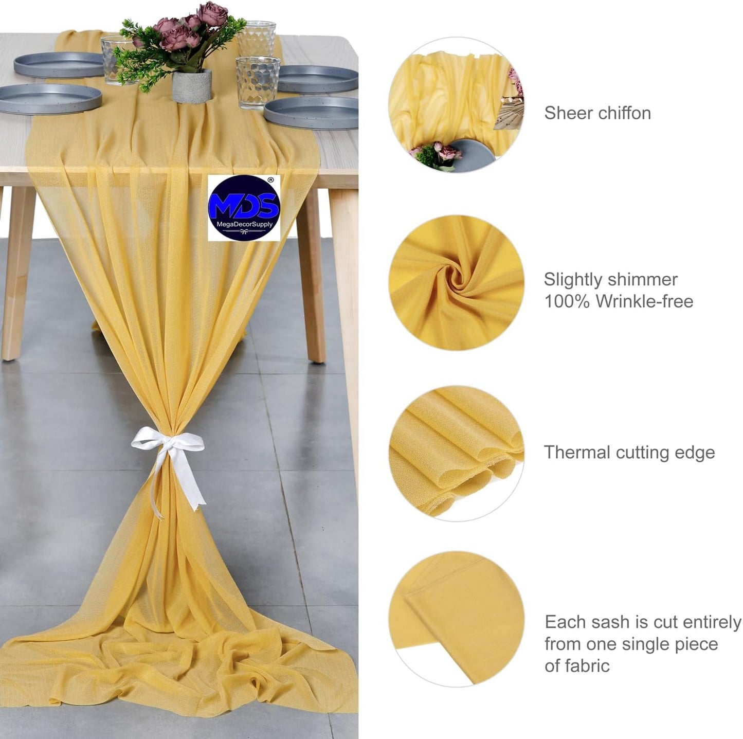 MDS Halloween Chiffon Table Runner - 15 Pack, 29 x 170 Inches, 14ft Each - Sheer Spooky Table Runners for Haunted House Parties, Trick-or-Treat Tables, Witchy Décor, Wedding & Events - Gold