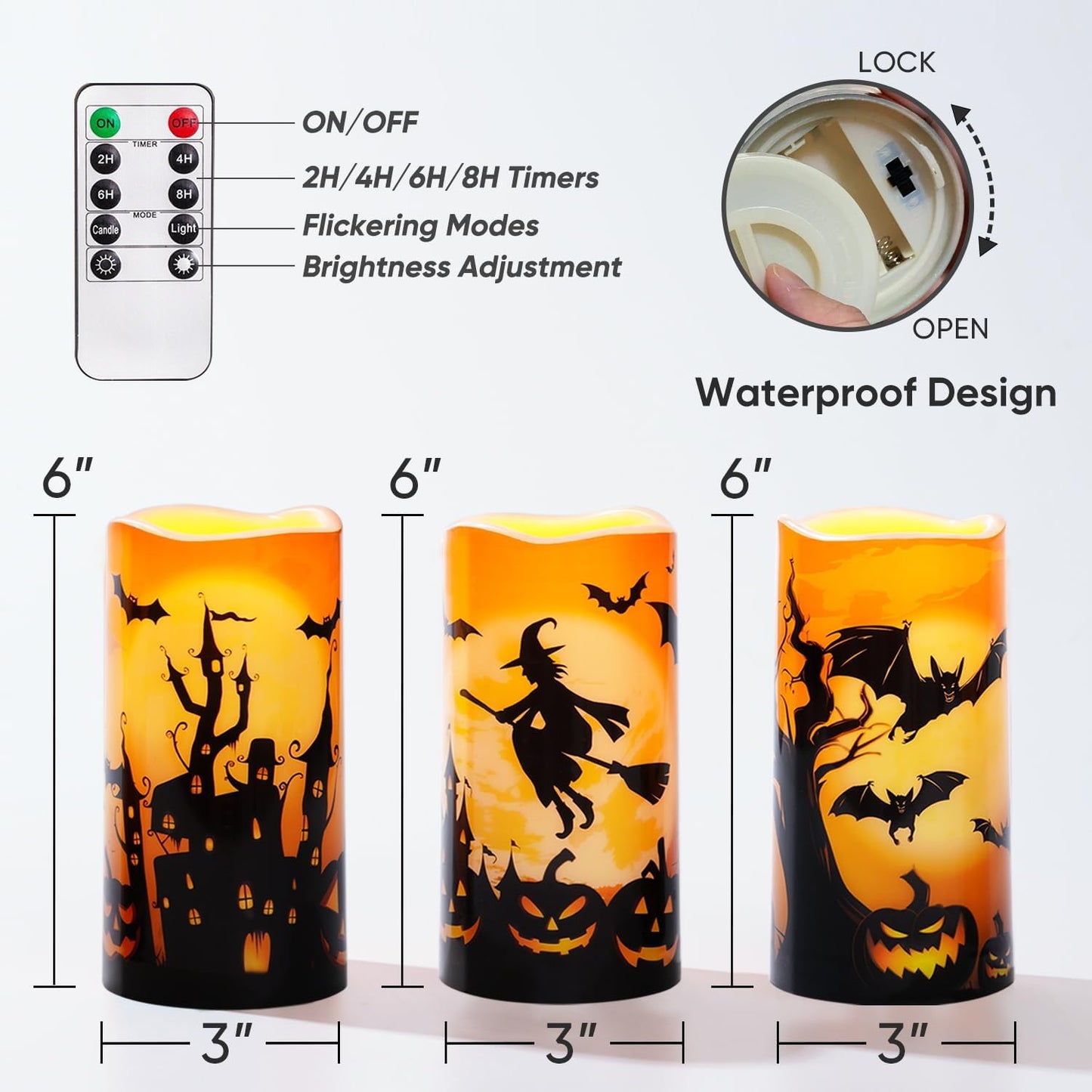 Homemory Halloween Candles, Orange Flameless Candles, Outdoor Waterproof Printed Decals Battery Operated LED Pillar Candles with Remote Timers for Fall Festival Spooky Decor, 3”x6”, Plastic, Set of 3