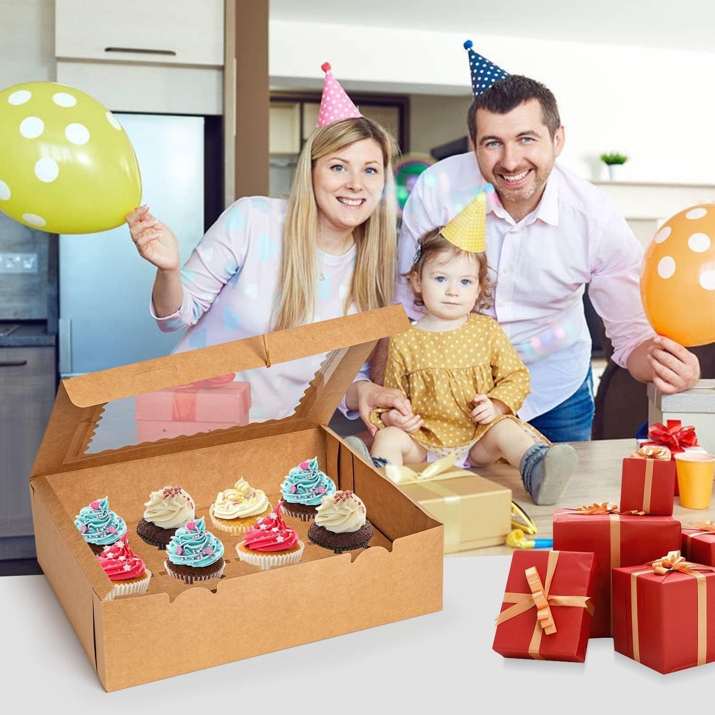 Rarapop 6 Pack Cupcake Boxes Hold 12 Standard Cupcakes, Food Grade Cupcake Holders Bakery Carrier Boxes with Windows and Inserts for Cupcakes, Muffins and Pastries