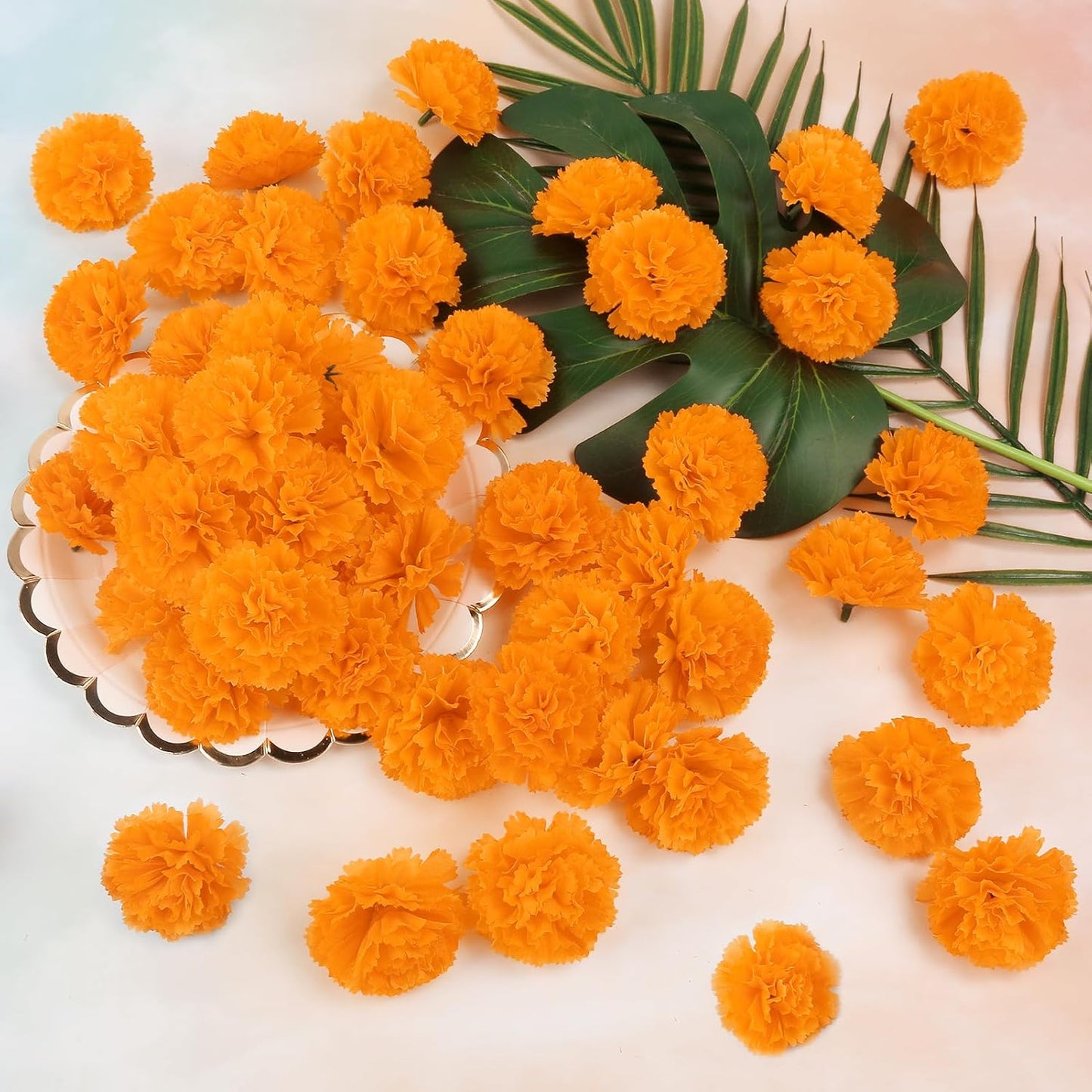 50 Pcs Artificial Marigold Flowers,2" Silk Marigold Flower Heads with Stems,Orange Flowers Artificial for Diwali Decor,Indian Wedding,Home,DIY Wreath Garland,Day of The Dead Decorations