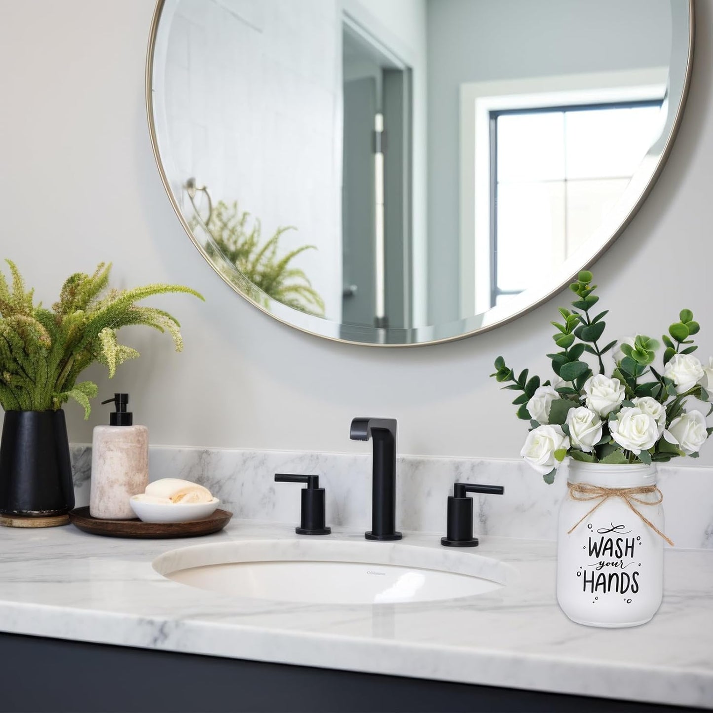 XunYee Farmhouse Bathroom Decor Wash Your Hands Sign Mason Jar with Flowers 16.9 oz White Mason Jar Centerpiece Table Rustic Decor for Restroom Bathroom Shelf Bridal Shower Kitchen