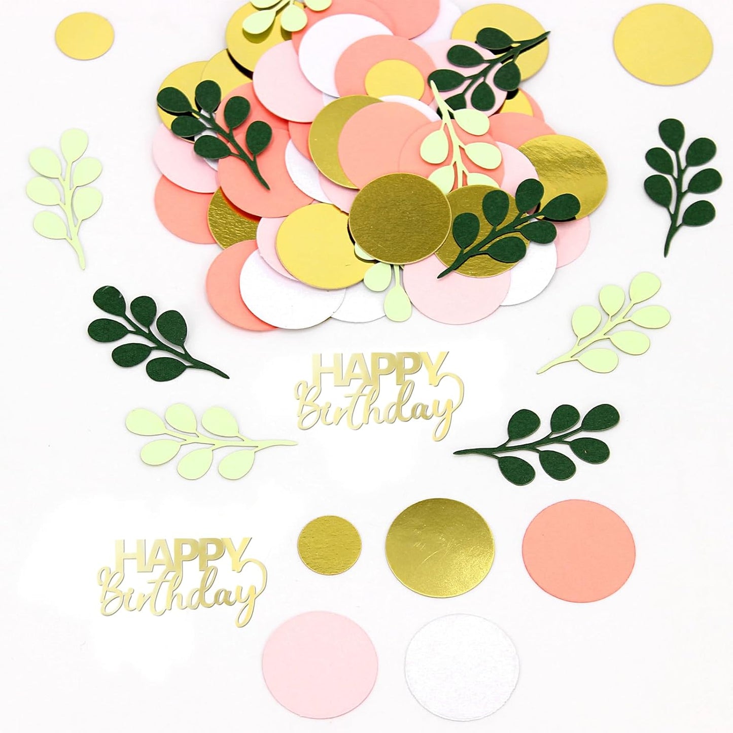 300PC Pink and Sage Green Happy Birthday Confetti for Table Boho Birthday Decorations for Women/Girl Round Dots Eucalyptus Table Scatters Party Supplies