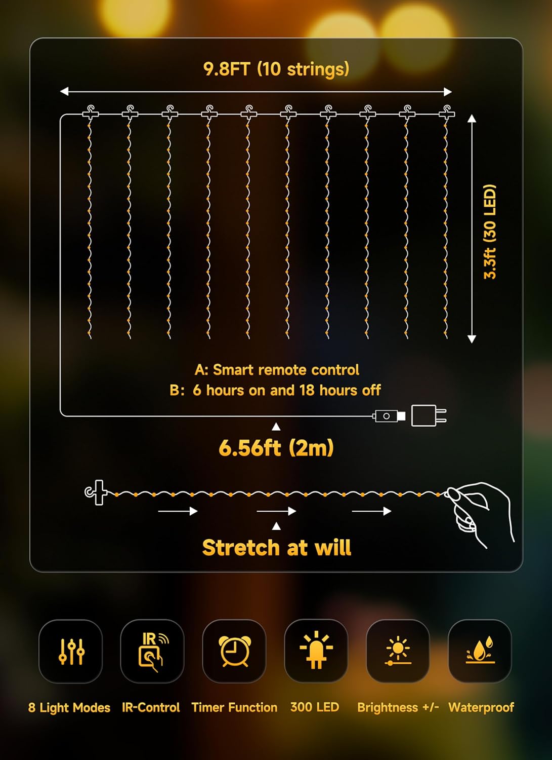 Brightown 300 LED Curtain String Lights, 9.8 FT Hanging Fairy Lights with Remote, 8 Modes, Waterproof Window Lights for Bedroom Backdrop Wedding Outdoor Party Christmas Decorations