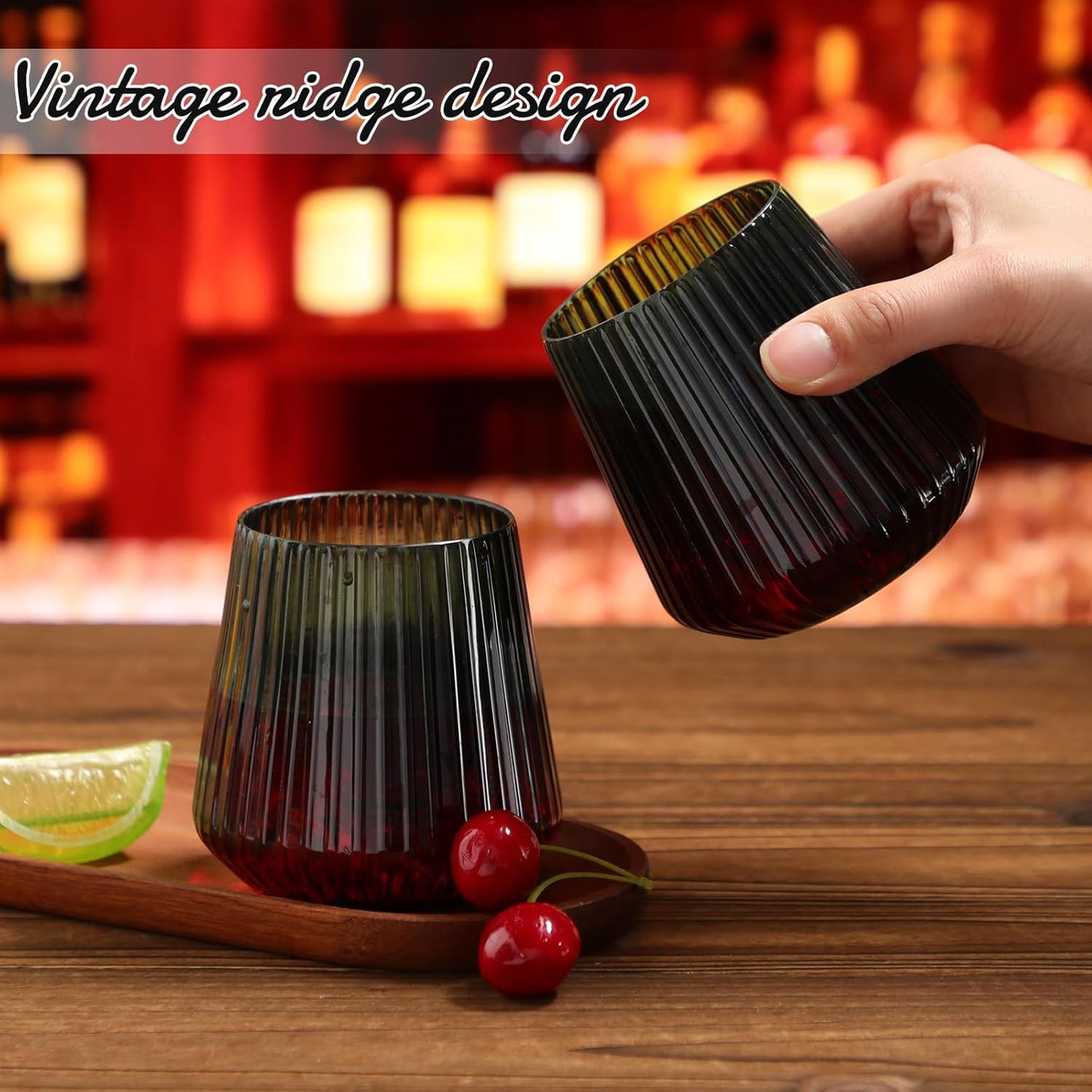 Suclain Plastic Wine Glasses Ribbed Stemless Wine Glasses 14oz Vertical Design Unbreakable Cups for Outdoor Indoor Vintage Elegant Champagne Whiskey Cups for Party Wedding(Black,50 Pcs)