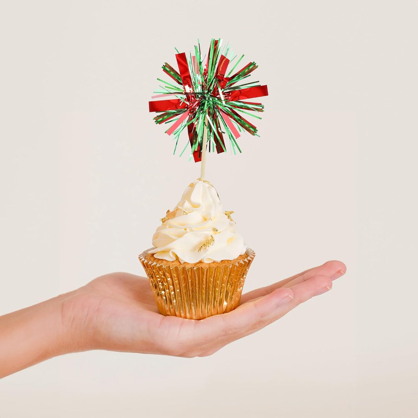 Gyufise 20Pcs Foil Firework Cupcake Toppers Happy Birthday Cake Toppers Tinsel Flower Drink Stirrers Cocktail Food Fruit Toothpicks for Valentine's Day Party Birthday Wedding Supplies Green Red