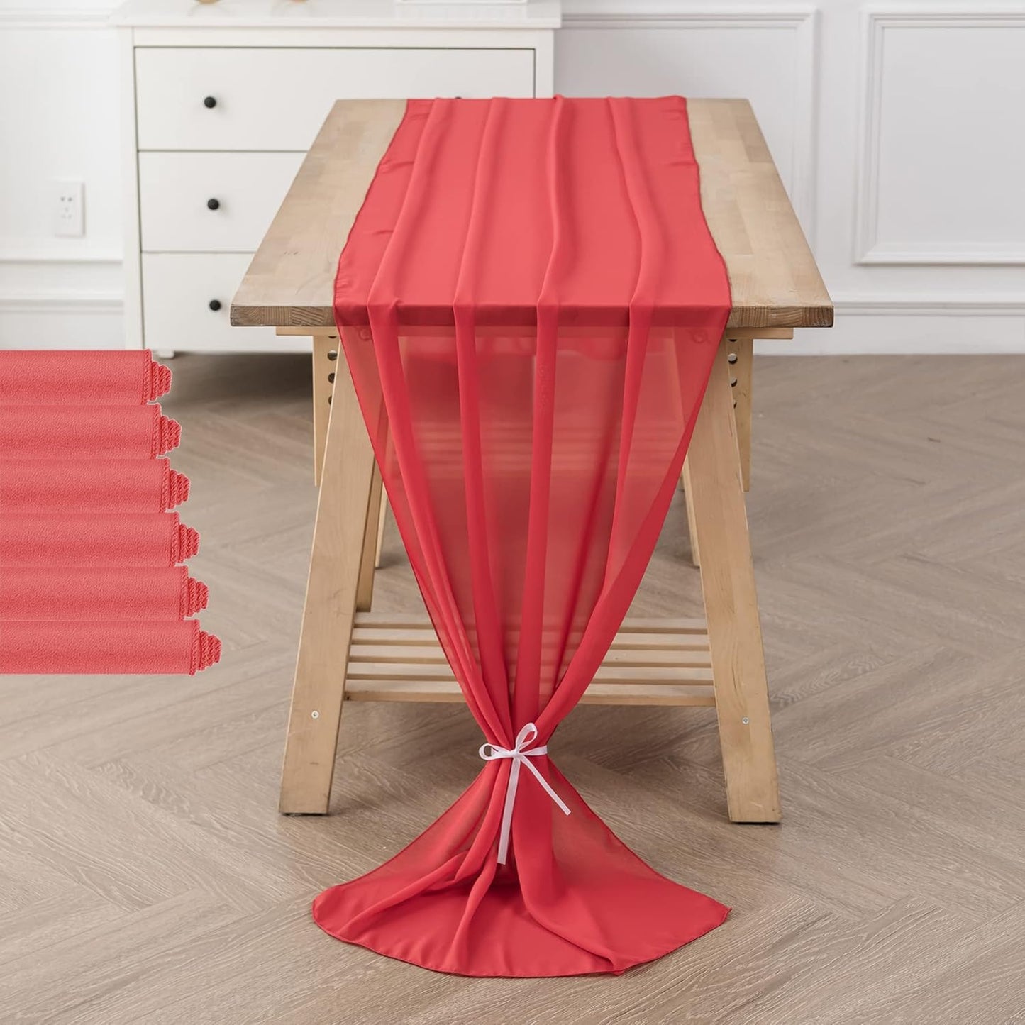 6Pack 9ft Chiffon Table Runner 14x108 Inch Sheer Romantic Table Runner for Wedding Birthday Party Bridal Shower Outdoor Decoration-Red