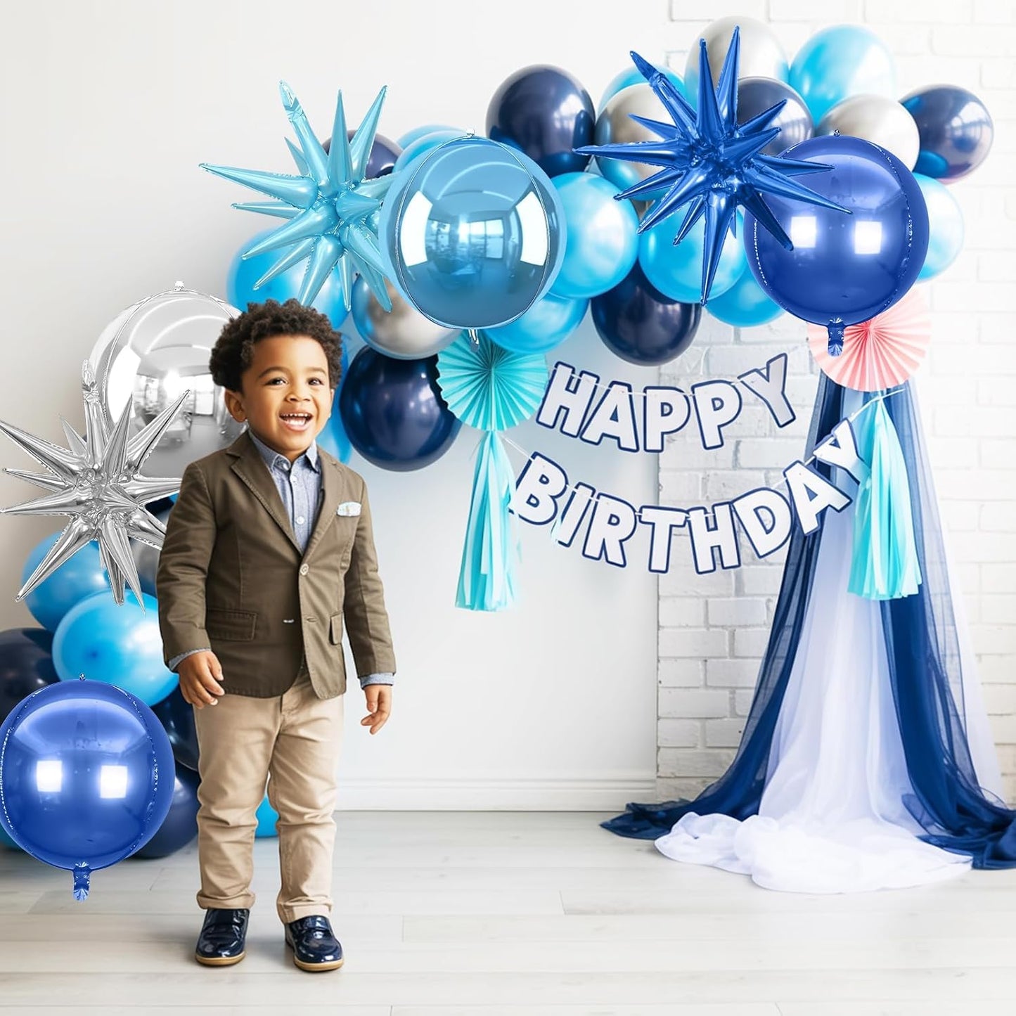6Pcs Blue Silver Foil Balloons,22Inch Light Blue Silver 4D Round Ball Balloon and Explosion Star Balloon for Birthday Wedding Baby Shower Prom Party Anniversary Decorations