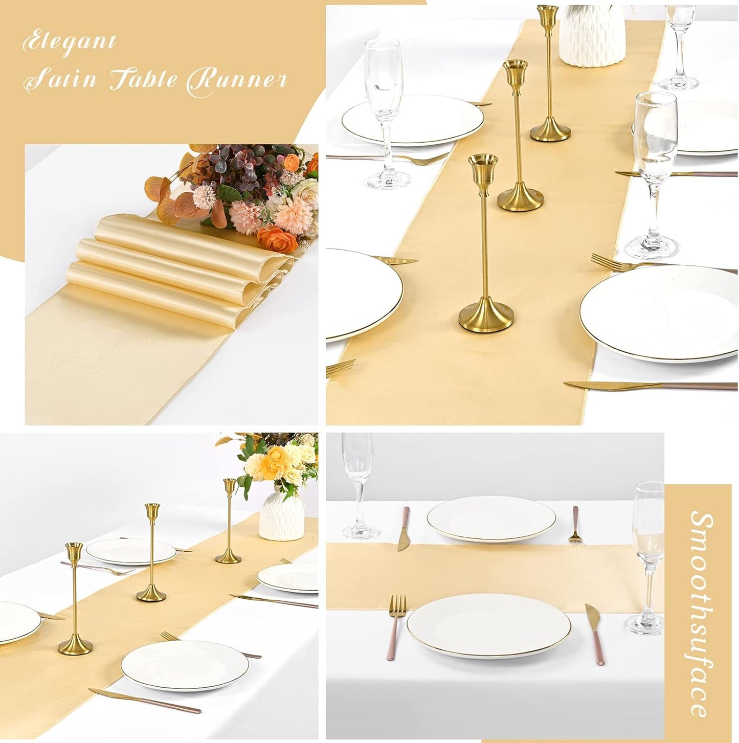 12 Pack Champagne Gold Satin Table Runner,12 x 108 inch Long Premium Smooth Table Runner for Wedding,Banquets,Birthday,Party,Graduation,Engagements,Table Runners fit Rectangle and Round Table