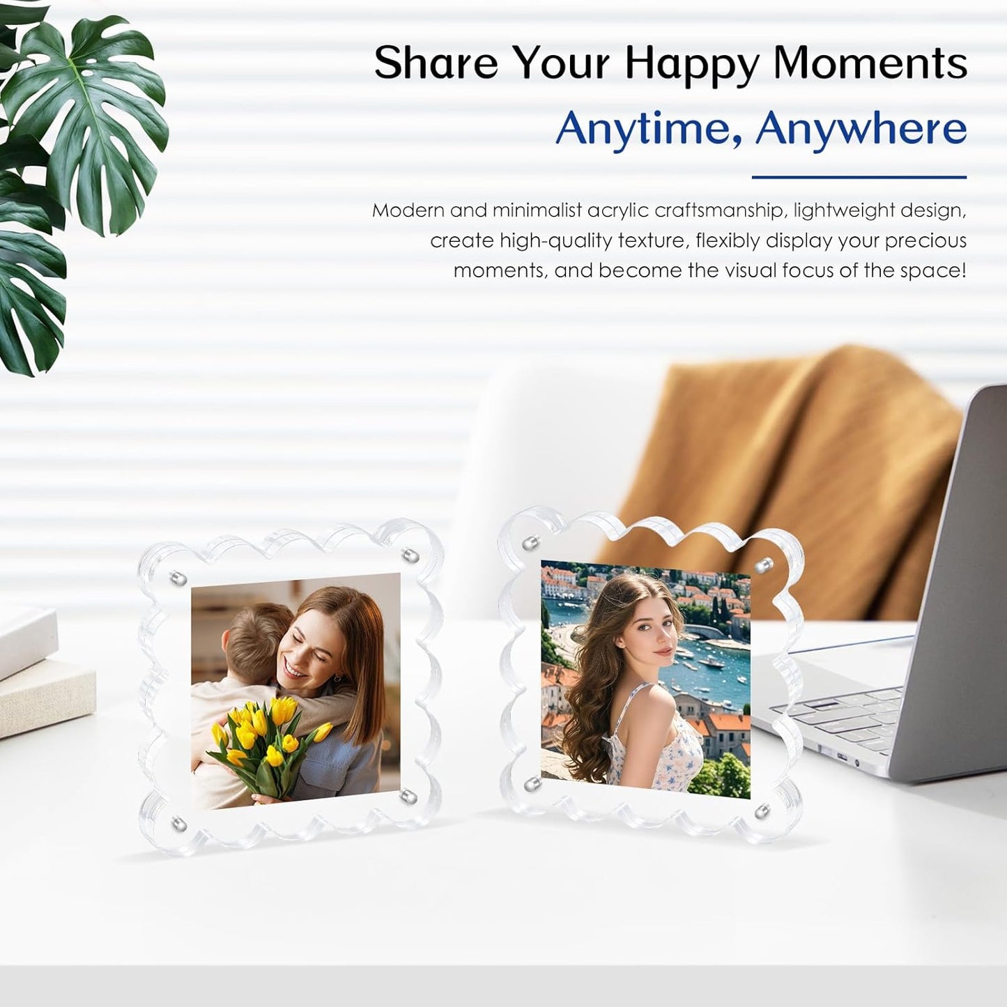 Acrylic Magnetic Picture Frames 4x4-6Pack Clear Freestanding Photo Frame.Double-Sided Scalloped Edges, 10+10mm Thick Block, for Modern Desktop Display &Perfect for Gifts (6 Pack, 4X4)