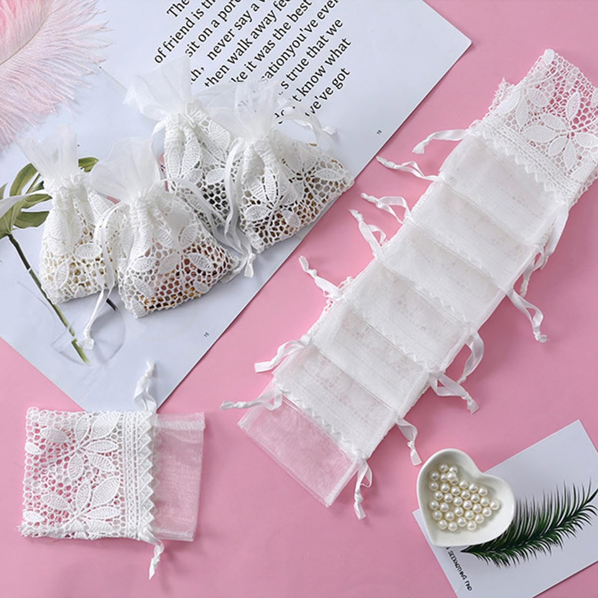 Petunny 6Pcs White Lace Drawstring Bags,Cotton Drawstring Gift Bags Embroidered Jewelry Pouch for Wedding Birthday Christmas Parties(3.9x5.5Inch)