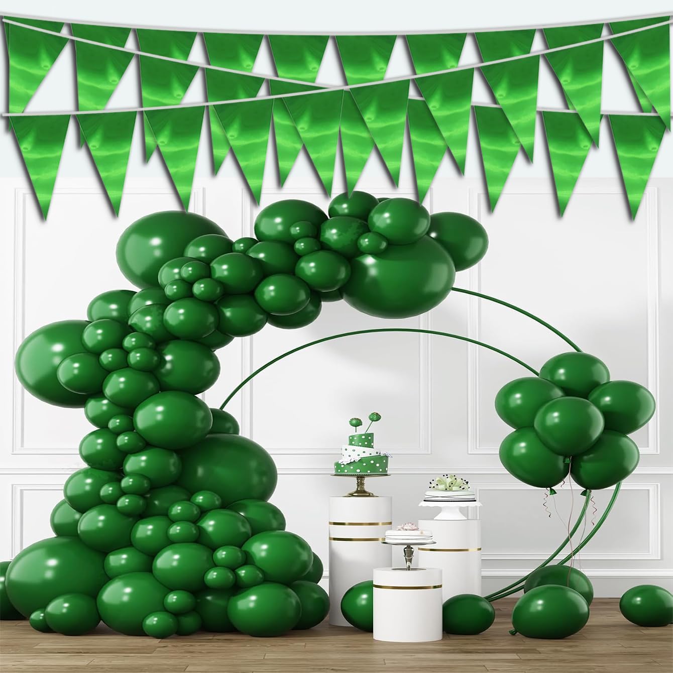 40M/130FT Green Triangle Pennant Banner Flag Metallic Fabric Bunting Garland for Christmas Graduation Safari Birthday Tropical Jungles Wedding Bachelorette Engagement Party Decoration Supplies