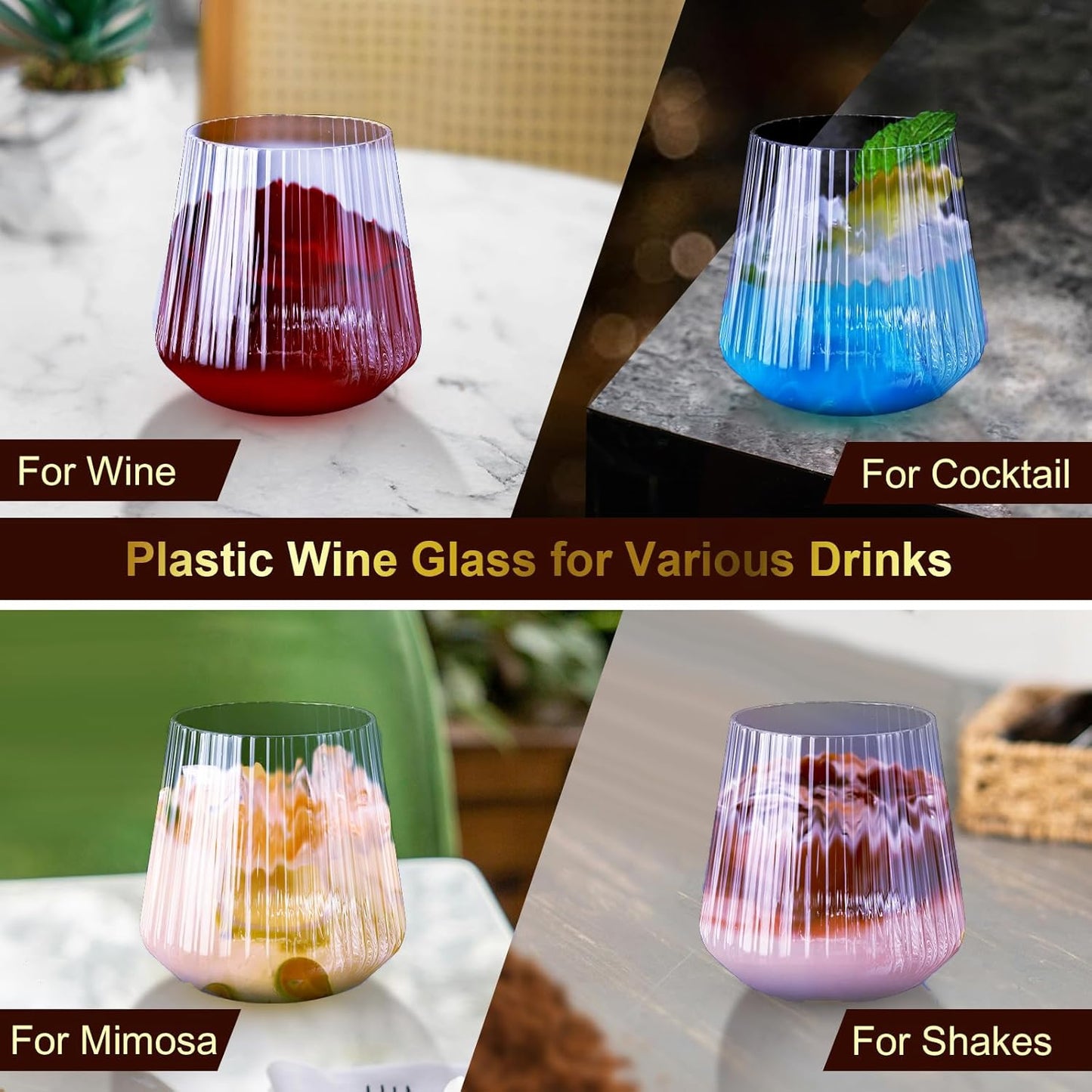 40 Pack Plastic Ribbed Wine Glasses, 14Oz Origami Disposable Wine Glasses Unbreakable Clear Plastic Cocktail Glasses Recyclable Shatterproof Reusable Wine Cups (14oz-blue-40pack)