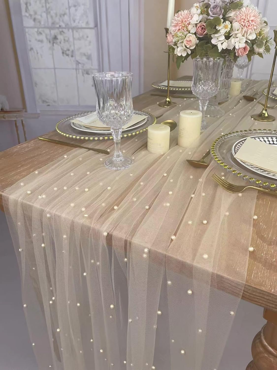 EHLDekol Pearl Table Cloth Elegant Polyester Table Runner with Artificial Pearl Accents Extra Long 10ft 60 x 120 Inches Pearl Tulle Table Runner for Wedding (60inch Width, Champagne, 1 Piece)