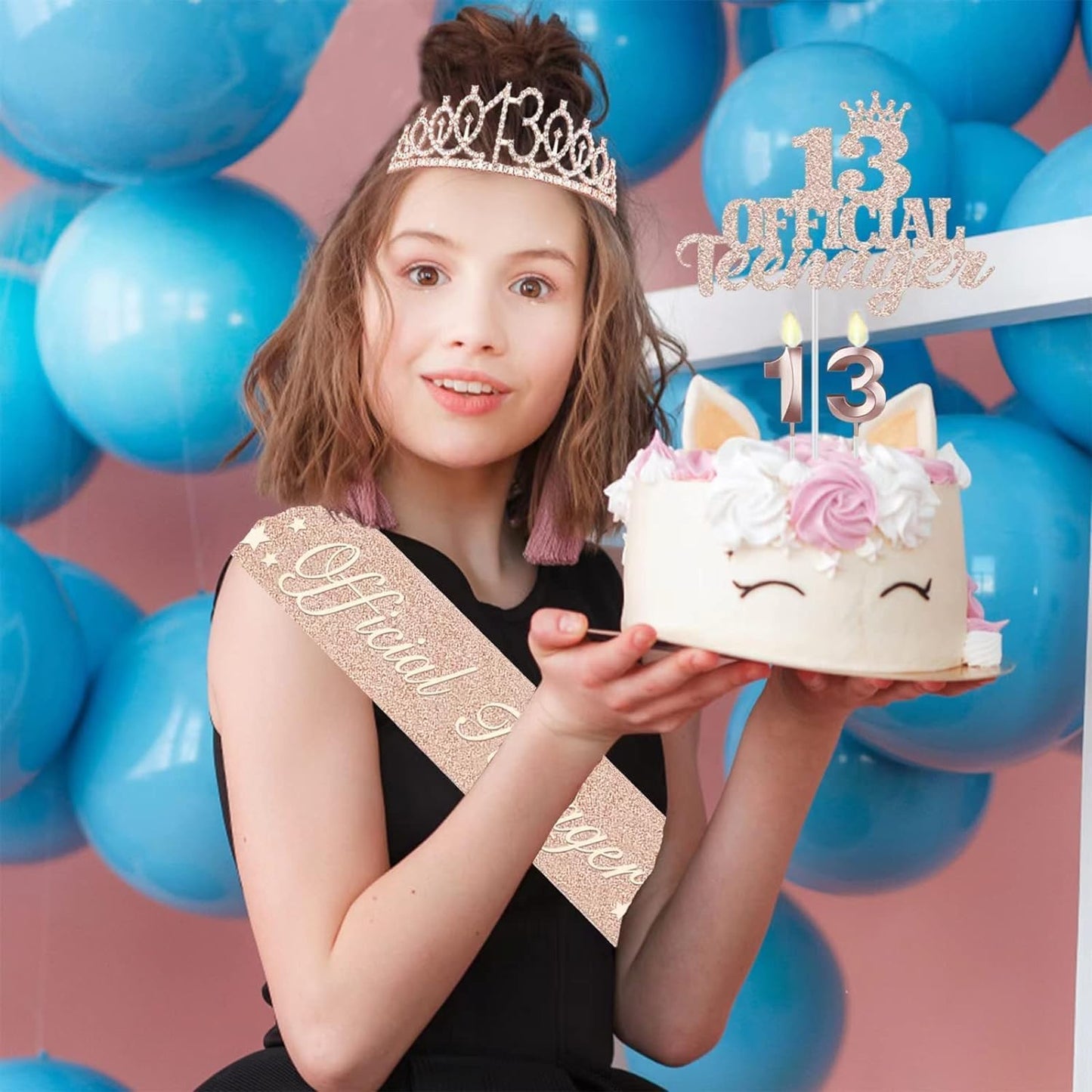 13th Birthday Decorations for Girls, Including 13th Birthday Crown/Tiara, Official Teenager Sash and Cake Topper, Number Candles, 13 Year Old Girl Gifts