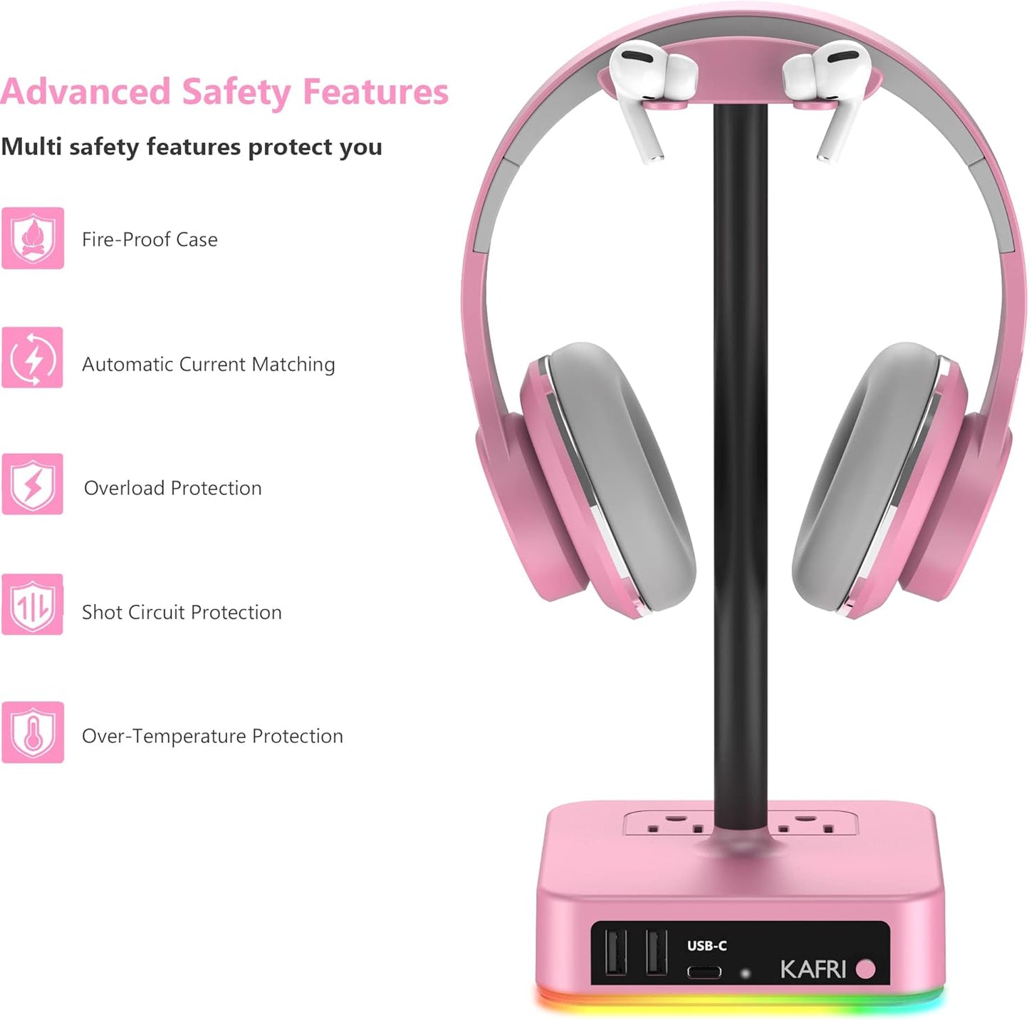 KAFRI RGB Headphone Stand with USB Charger Desk Gaming Headset Holder Hanger Rack with 3 USB Charging Port and 2 Outlet - Suitable for Gamer Desktop Table Game Earphone Accessories Girlfriend Gift