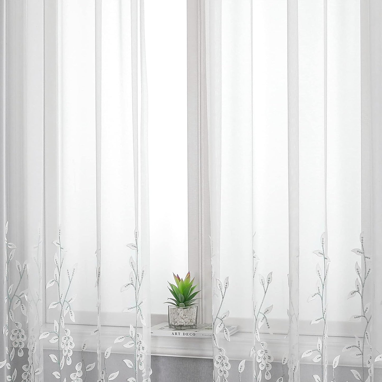 VISIONTEX White Sheer Voile Curtains, Decorative White Embossed Leaves Rod Pocket Window Drapes for Home Kitchen, Living Room and Bedroom 54 x 95 Inch, Set of 2 Curtain Panels