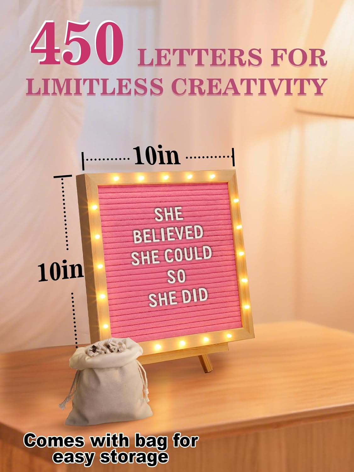 Light up Changeable Felt Letter Board Sign with LED Lights - 10×10" Message Board& Wood Stand& 450 Letters, for Halloween/Birthday/Event/Pregnancy/Baby Announcement/Home Wall Decor Girls Gifts, Pink