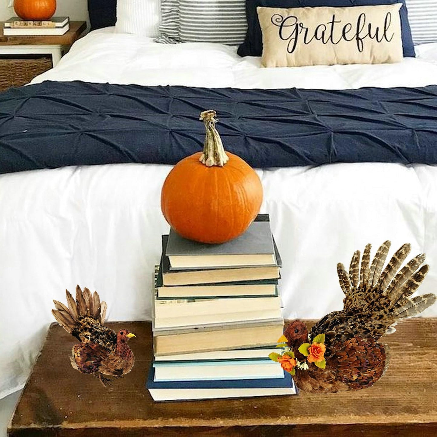 naturevibe 10/6.5 Inches Feathered Turkey Decorations Set of 2,Realistic Mom n Baby Turkey Figurines with Real Feathers for Thanksgiving Decorations,Decorative Farm Animals as Fall Decor for Home