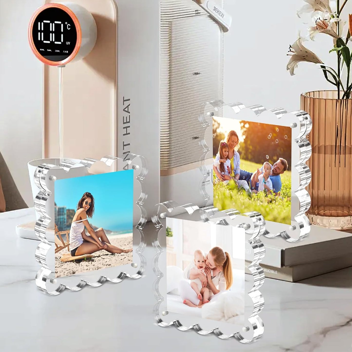 Clear Picture Frames 3Pack - Acrylic Magnetic Photo Frame 4×4 Inch, Double Sided Magnet Frames with Scalloped Edges, 10+10mm Thick Freestanding Gift for Office/Home(Clear, 4x4)