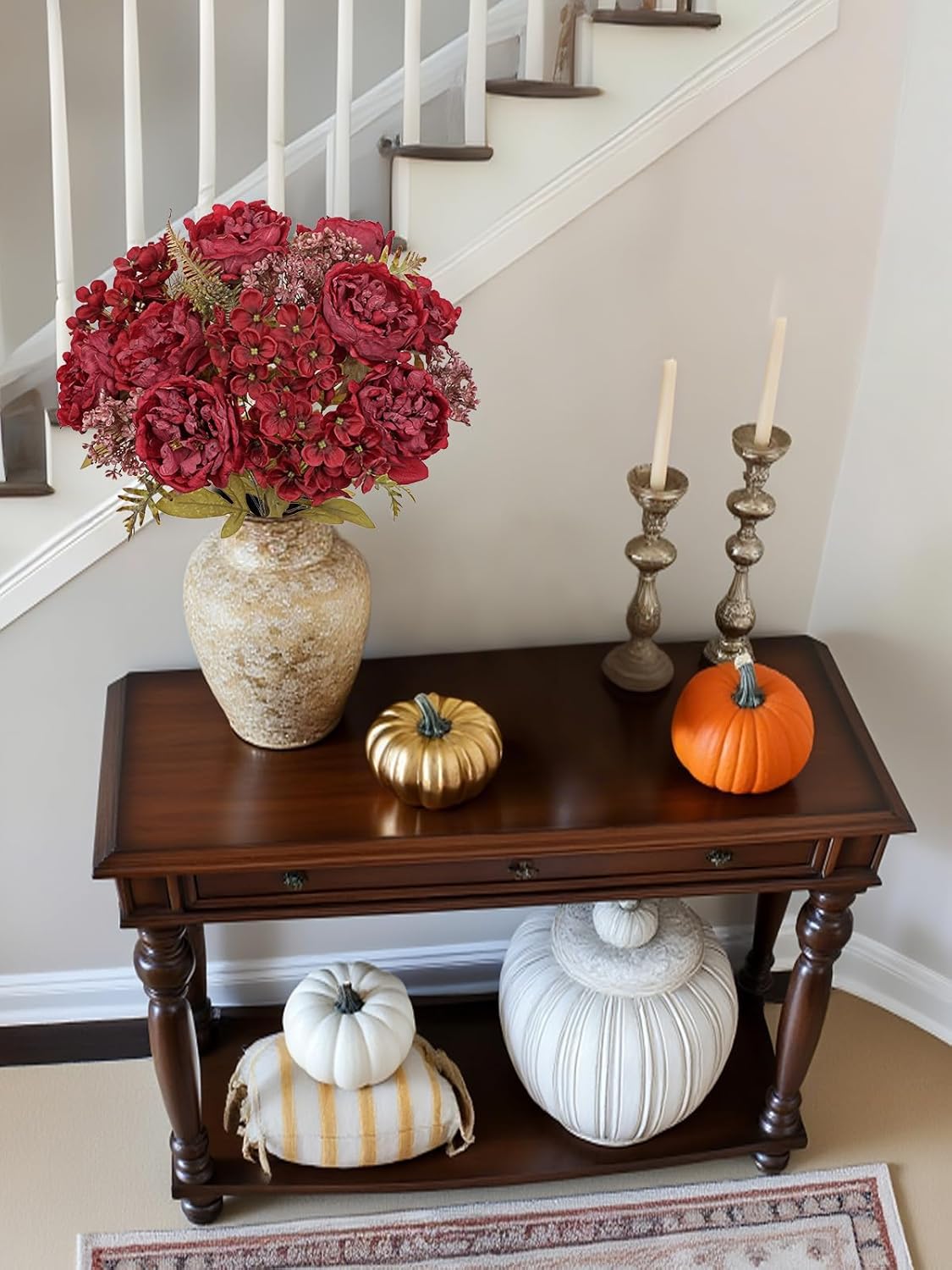 Hollyone 2 Bundles Artificial Fall Flowers Bouquet 18.8" Red Peony Hydrangea Fake Fall Floral Silk Flowers Autumn Faux Flower Arrangement for Home Wedding Table Centerpieces Thanksgiving Party Decor