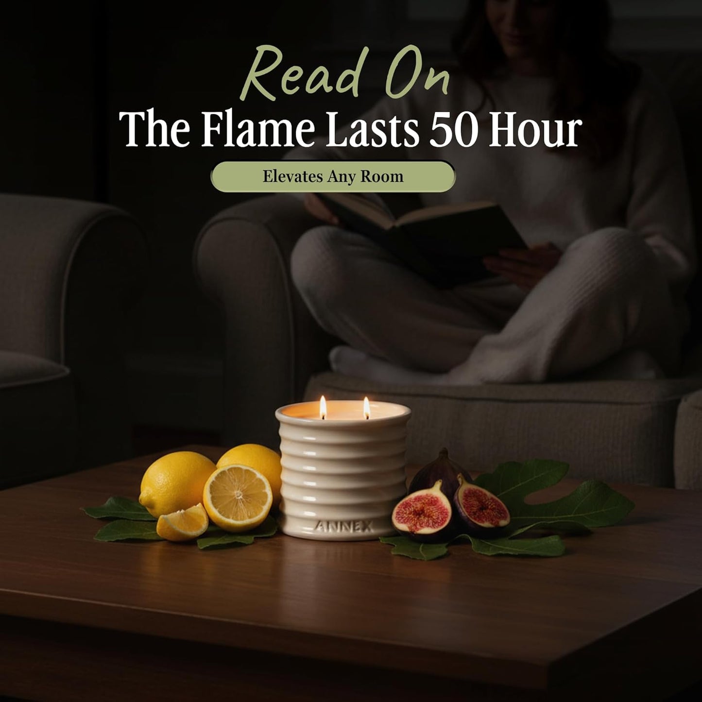 Scented Luxury Citronella Candles outdoor, Mosquito Bug Repellent | Handmade Ceramic Jars, Soy Wax | Cloudy Pillow - Fig Leaf & Lemon, Large Natural Candle | Non Toxic, 2 Wicks, Reusable Big Beige Jar