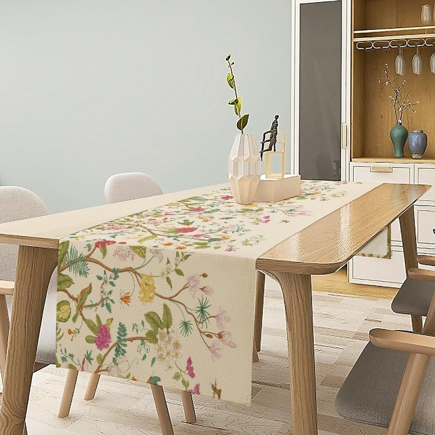 Floral Table Runner, Vintage Birds Wildflowers Herbs Nature Theme Linen Long Table Kitchen Dining Table Holiday Party Decorative Table Runner,13in(33cm) W * 108in(274cm) L