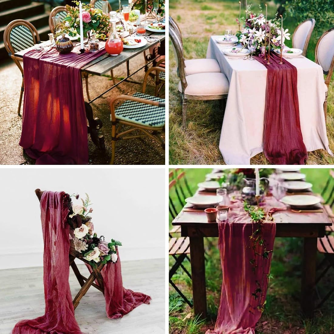 Wine red Cheesecloth Table Runner -21*120Inch Long Boho Wedding Table Decor, Rustic Gauze Fabric Runner for Bridal Showers, Baby Showers & Parties (Sheer, Lightweight, Wrinkled Design)