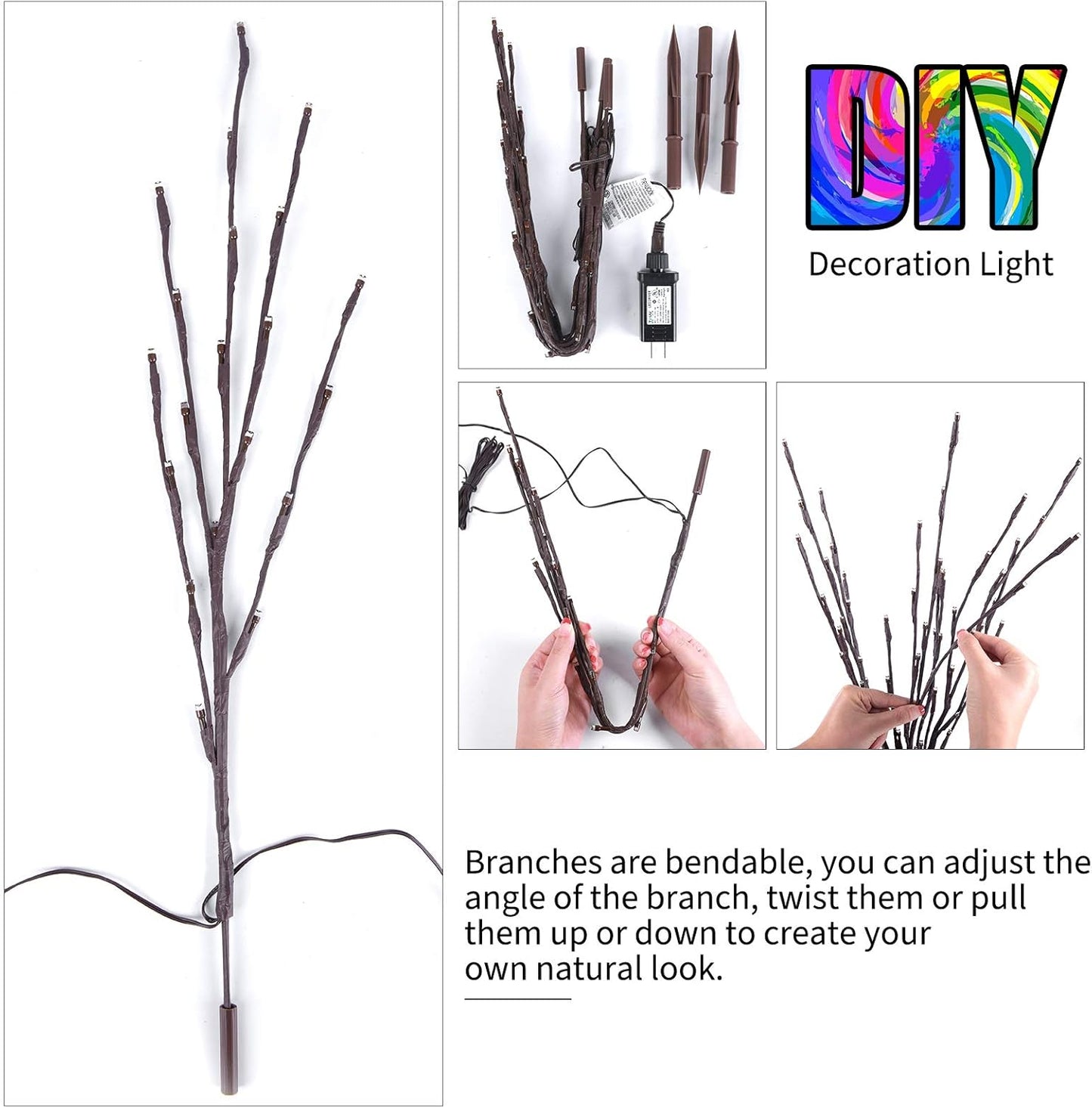 Lighted Branches for Vases Plug in - 3 Pack 24Inch 60 LED Christmas DIY Twig Pathway Lights, Artificial Tree Bendable Xmas Fairy Lights with Stakes for Outdoor Indoor Party Decoration, Multicolor