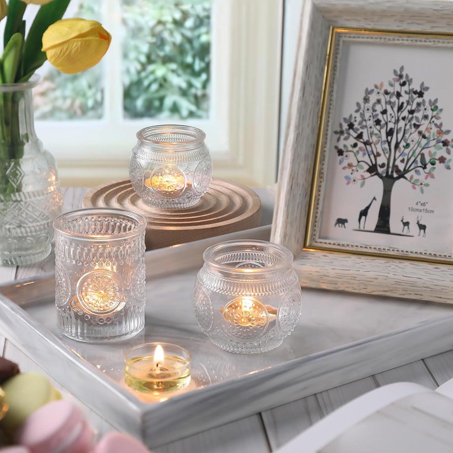 DARJEN 12Pcs Clear Votive Candle Holders - Glass Tea Light Candle Holder, Clear Votives, Embossed Candle Votives for Wedding Centerpiece & Home Decoration