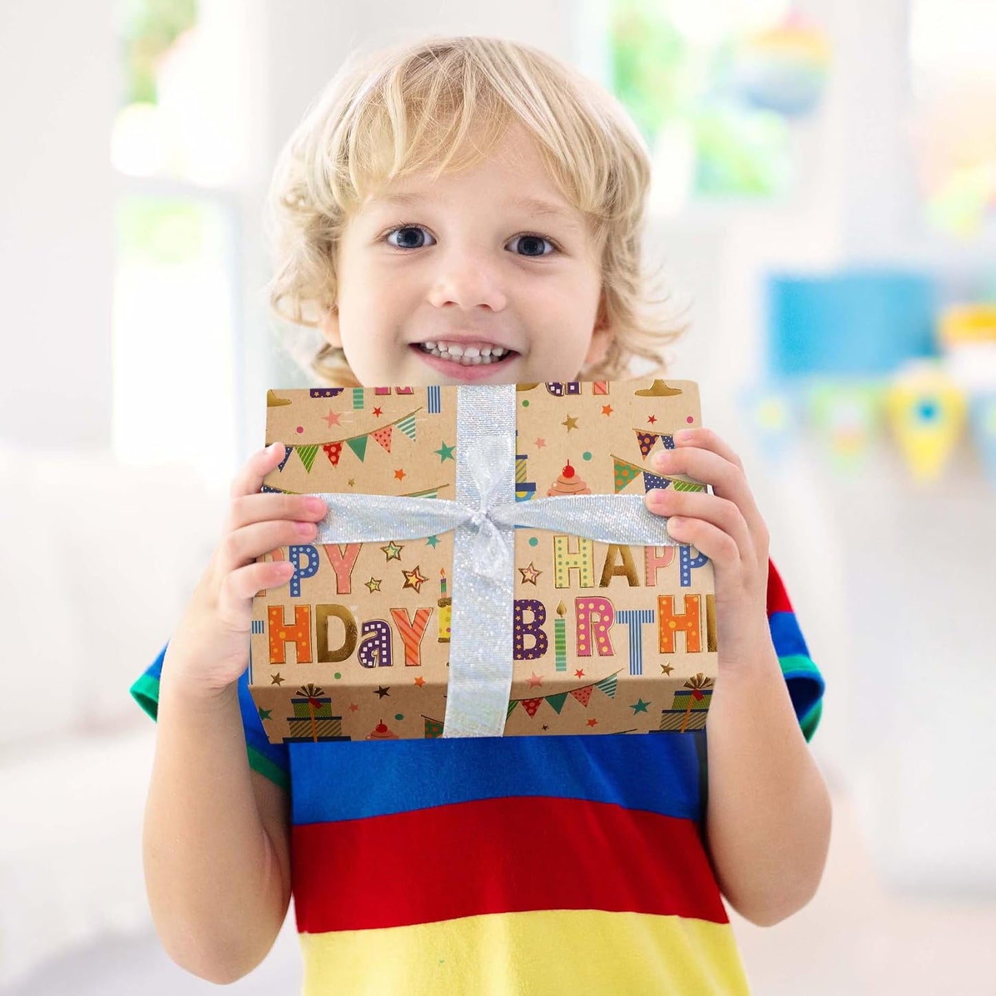 Aimyoo Colorful Birthday Wrapping Paper Roll - 17 Inch X 32.8 Feet - Gold Foil Happy Birthday Lettering, Cupcake & Flags Design Gift Wrap for Kids, Baby Showers