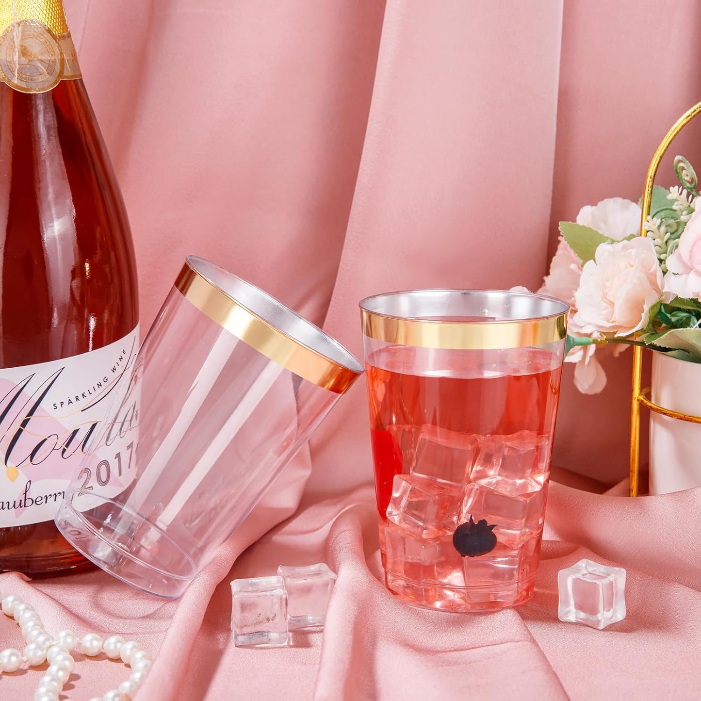 I00000 50 Pack 12 oz Gold Plastic Cups, Gold Rimmed Disposable Cups, Disposable Plastic Wine Glasses Cocktail Glasses Heavy Duty Cup with Golden Rim, 12 Ounce Tumblers for Party & Wedding