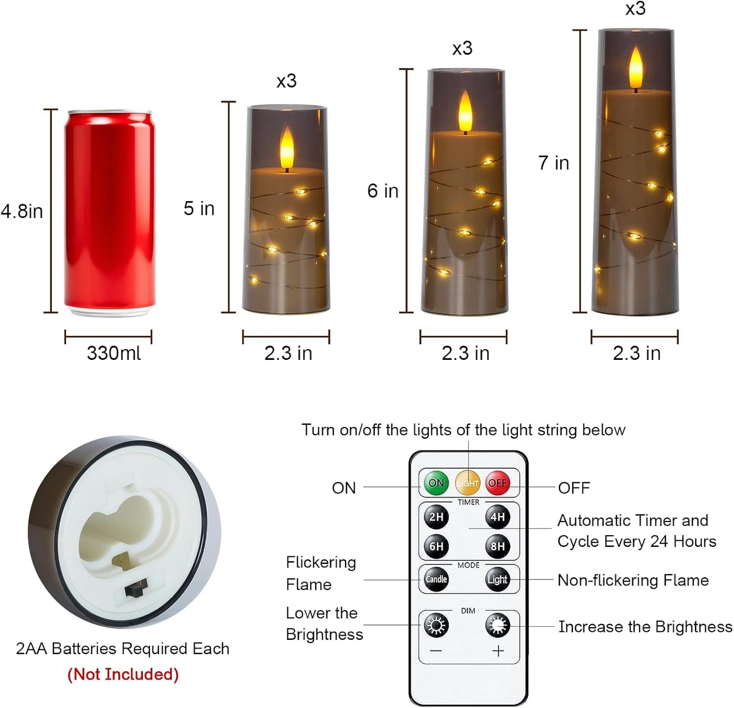Raycare Flameless Candle with Remote Timer – 9 Flickering Acrylic Battery Operated LED Pillar Candles with Embedded Star String for Halloween, Fall Decor, Harvest Festival Gifts(Grey)
