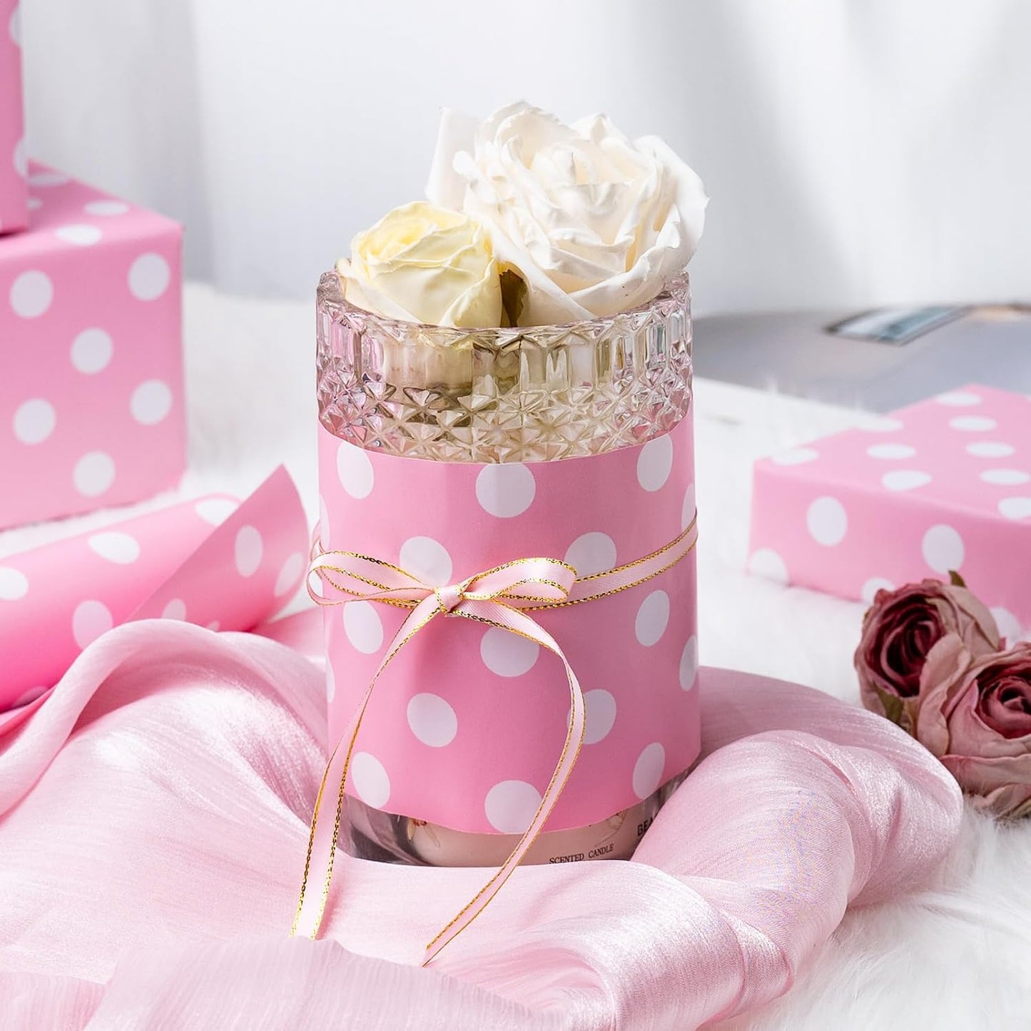 Burymento Pink and White Dots Wrapping Paper, Reversible Pink Gift Wrap for Birthday, Valentines, Mothers day, Graduation, Wedding, Fathers day, Baby Shower, Christmas (17in x 32.8ft)