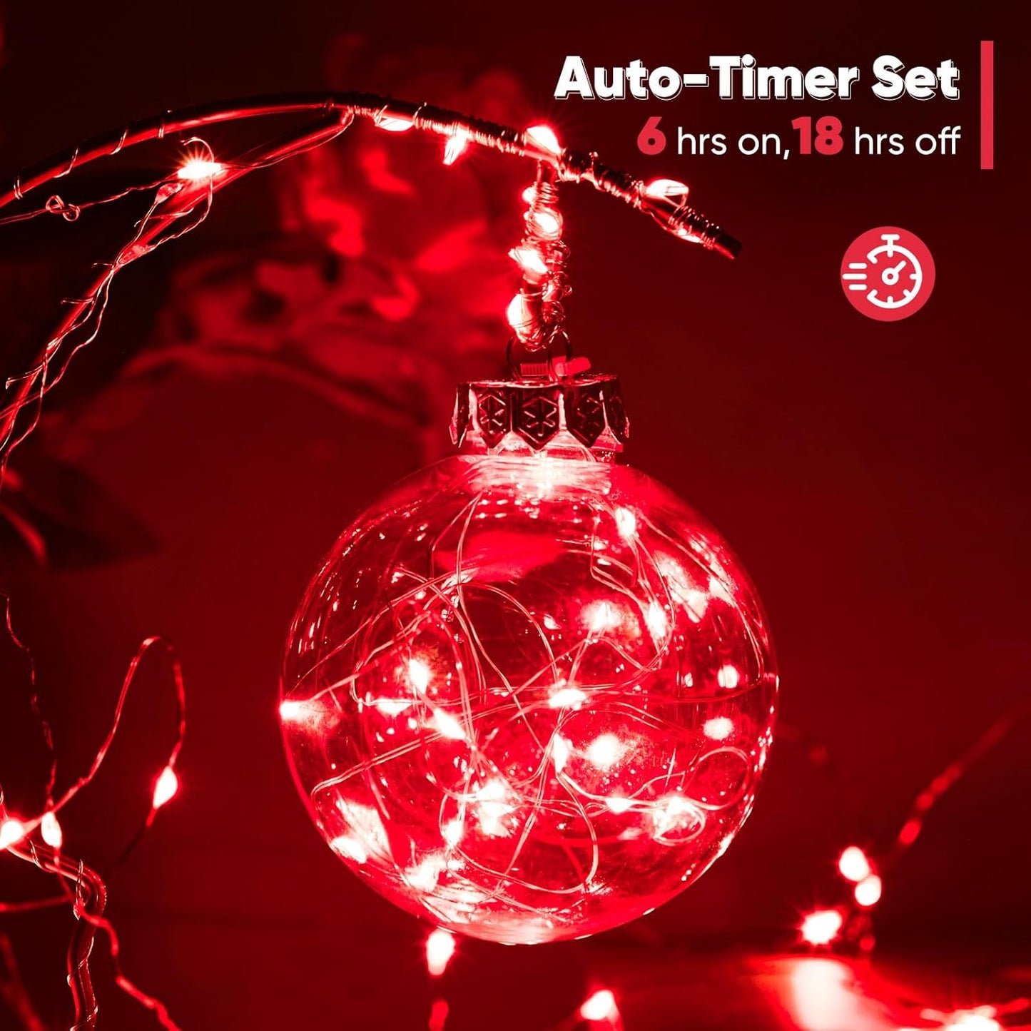 2 Pack 65.6 Ft. Battery Operated Outdoor String Lights with Remote & Timer, LED Red Fairy Lights, Waterproof Twinkle Lights for Bedroom, Dorm, Mason Jar, Wedding, Party, Christmas