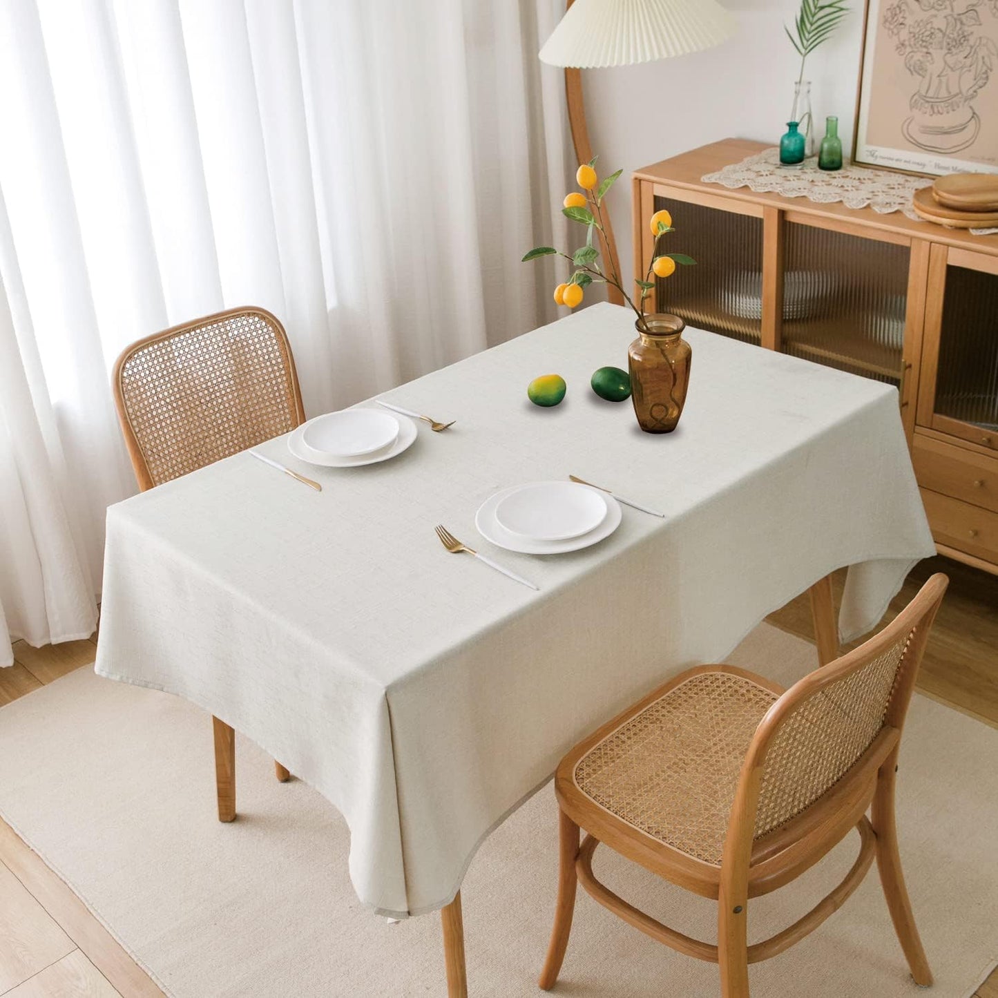 NLMUVW White Linen Table Cloth for Rectangle - Rustic Textured 6ft Tablecloth Water Resistant Farmhouse for Cafe Dining Card Kitchen, 54 x 96 Inch