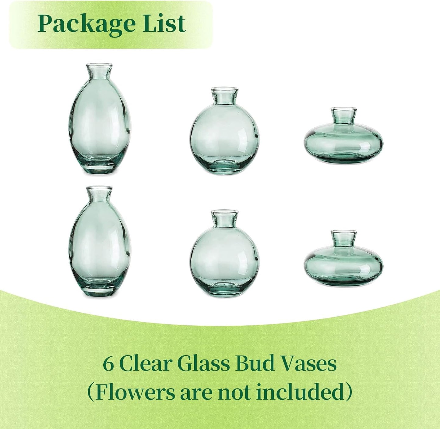 Glass Bud Vases Set of 6, Hewory Cute Green Small Vases Handmade, Mini Glass Flower Vase for Floral Arrangements, Tiny Centerpiece for Home Office Wedding Party Events Table Decor (Not Include Flower)