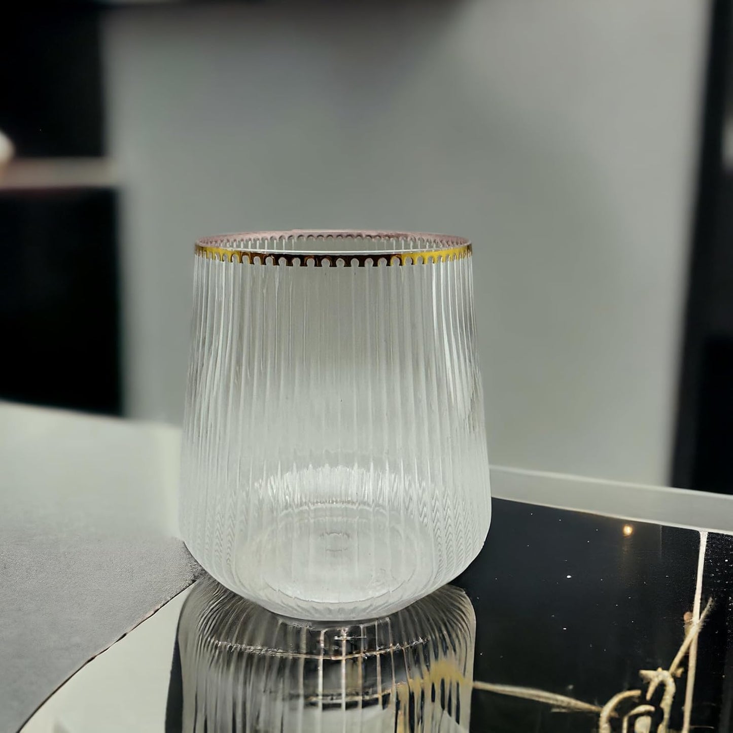 40 count Origami Ripple Unbreakable Stemless Plastic Wine Champagne Whiskey Glasses Elegant Durable Disposable Indoor Outdoor Ideal for Home, Office, Bars, Wedding, Ribbed 12 Ounce Cups (Gold Rim)