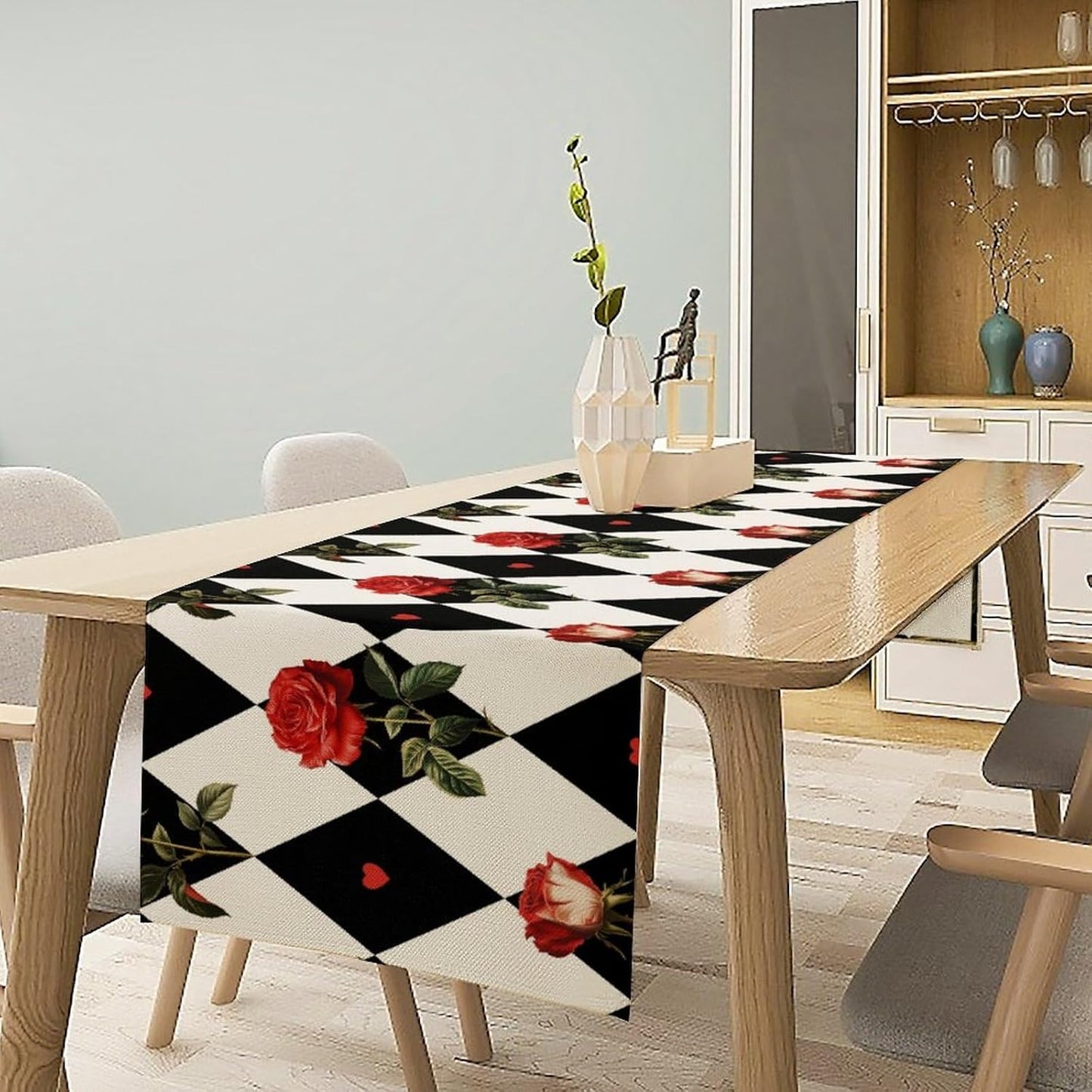 Vintage Rose Table Runner, Red Rose Hearts Black White Checkered Background Table Runner for Kitchen Dinning Table Runner Decor Home Wedding Party Holiday, 13x60 Inch